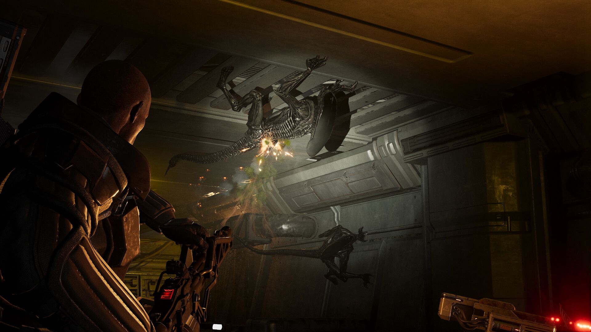 Official Aliens: Fireteam Elite 2 screenshot showing Colonial Marines holding a defensive line against multiple aliens.