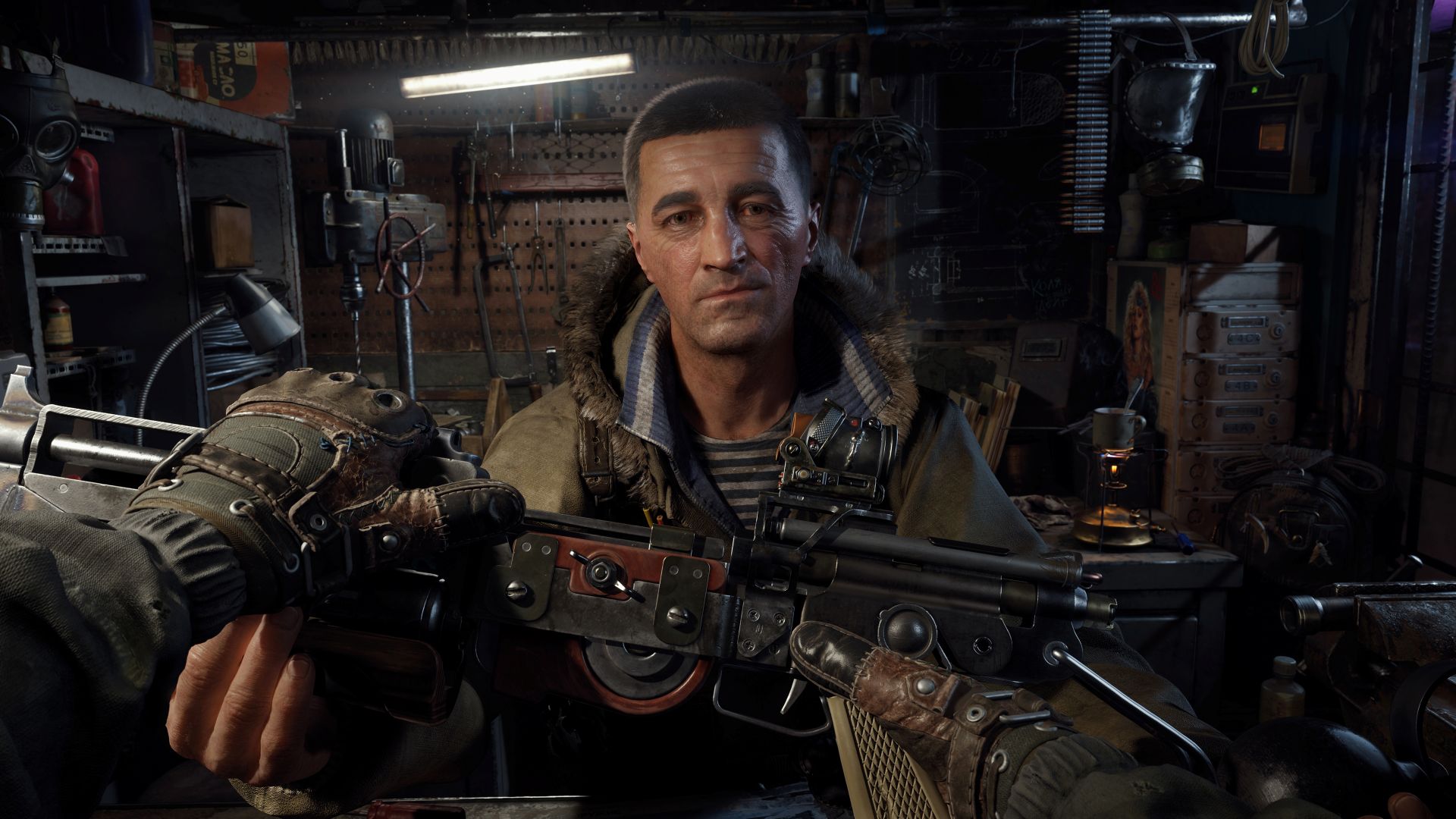 Official Xbox Wire Metro 2039 screenshot showing a weapon bench and gear setup in a dim underground room.