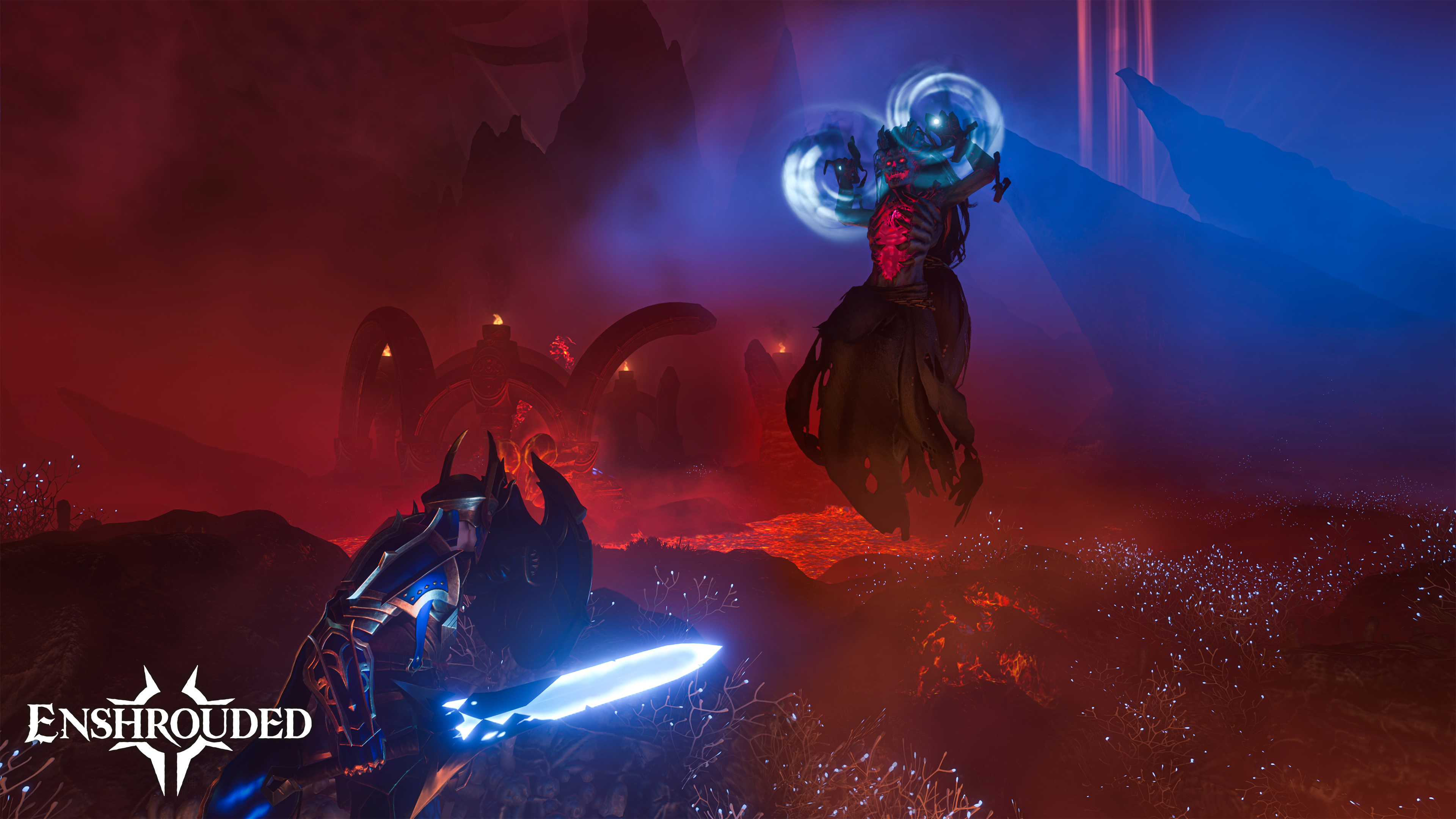 An armored figure with a glowing blade faces a floating robed enemy in a red and blue cavern.