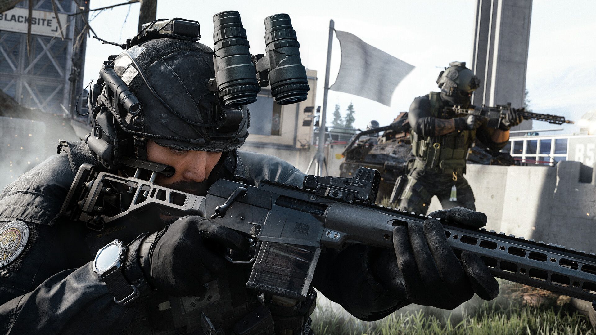Official Modern Warfare 4 beta screenshot from Steam showing a large multiplayer firefight from a first-person view.