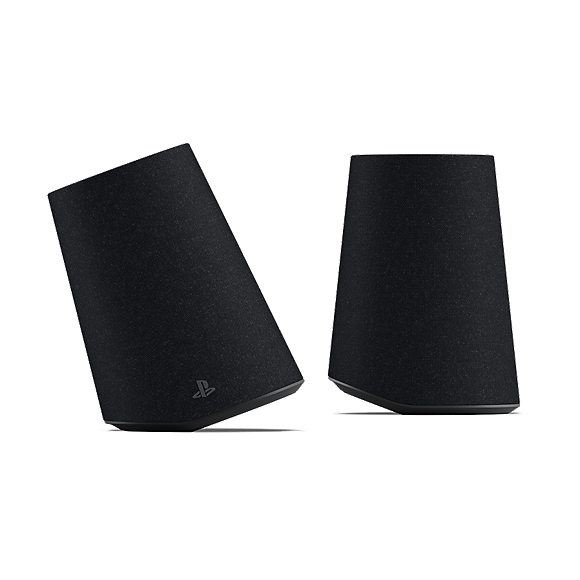 Official PlayStation Direct product image showing the Midnight Black Pulse Elevate speakers.