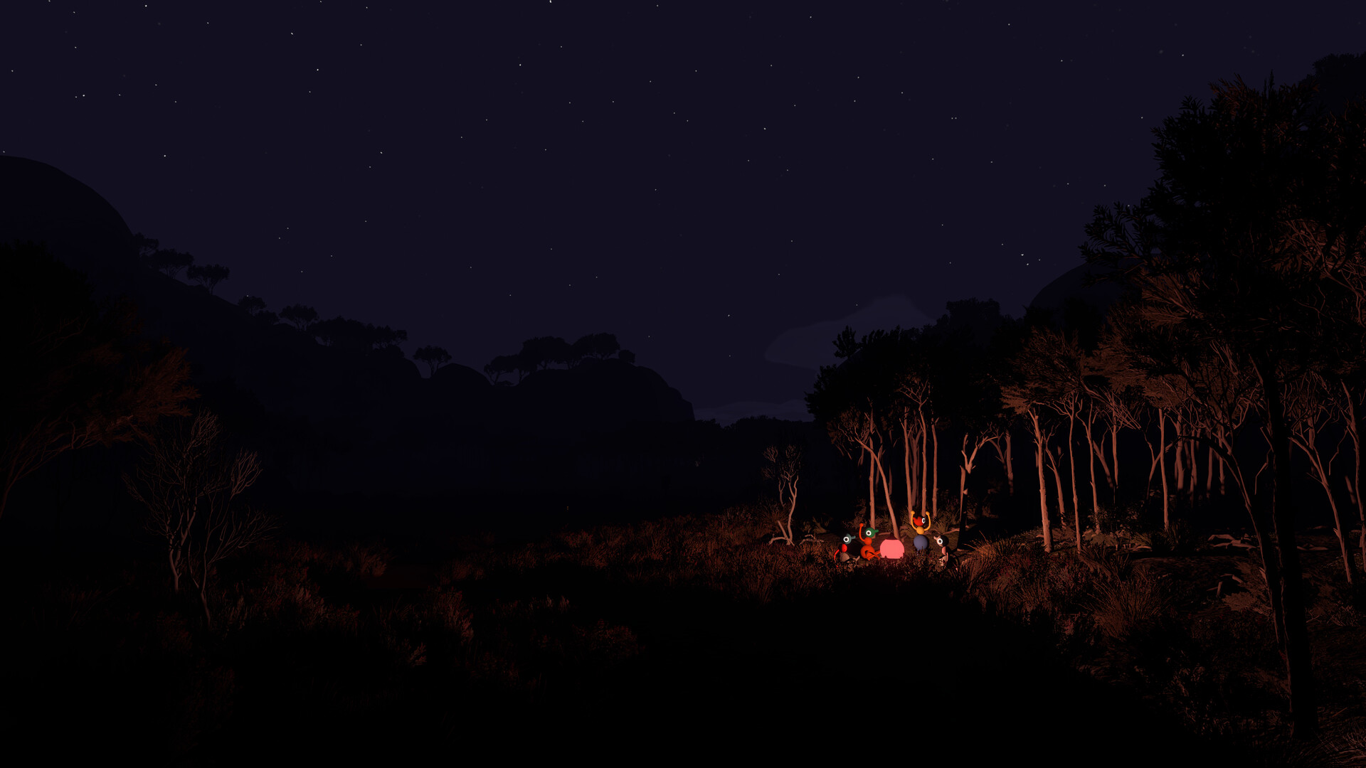 Official Big Walk screenshot showing the co-op group moving through another bright part of the game world.