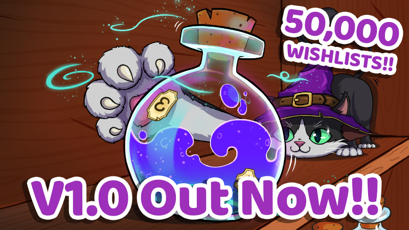 Official Shelve the Potions launch image showing a large purple potion bottle and a cat in a witch hat beside the text V1.0 Out Now.