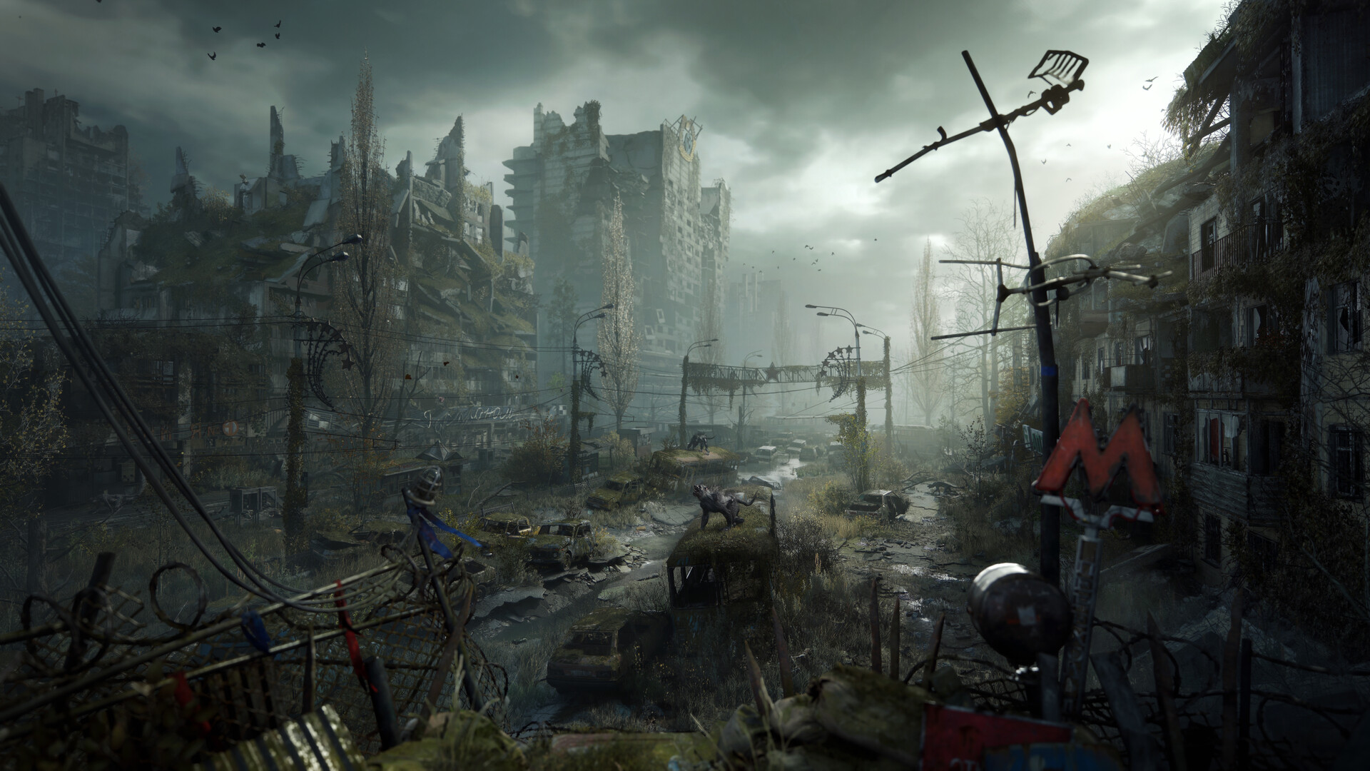 Official Metro 2039 screenshot showing a mutant encounter in a dark outdoor area.
