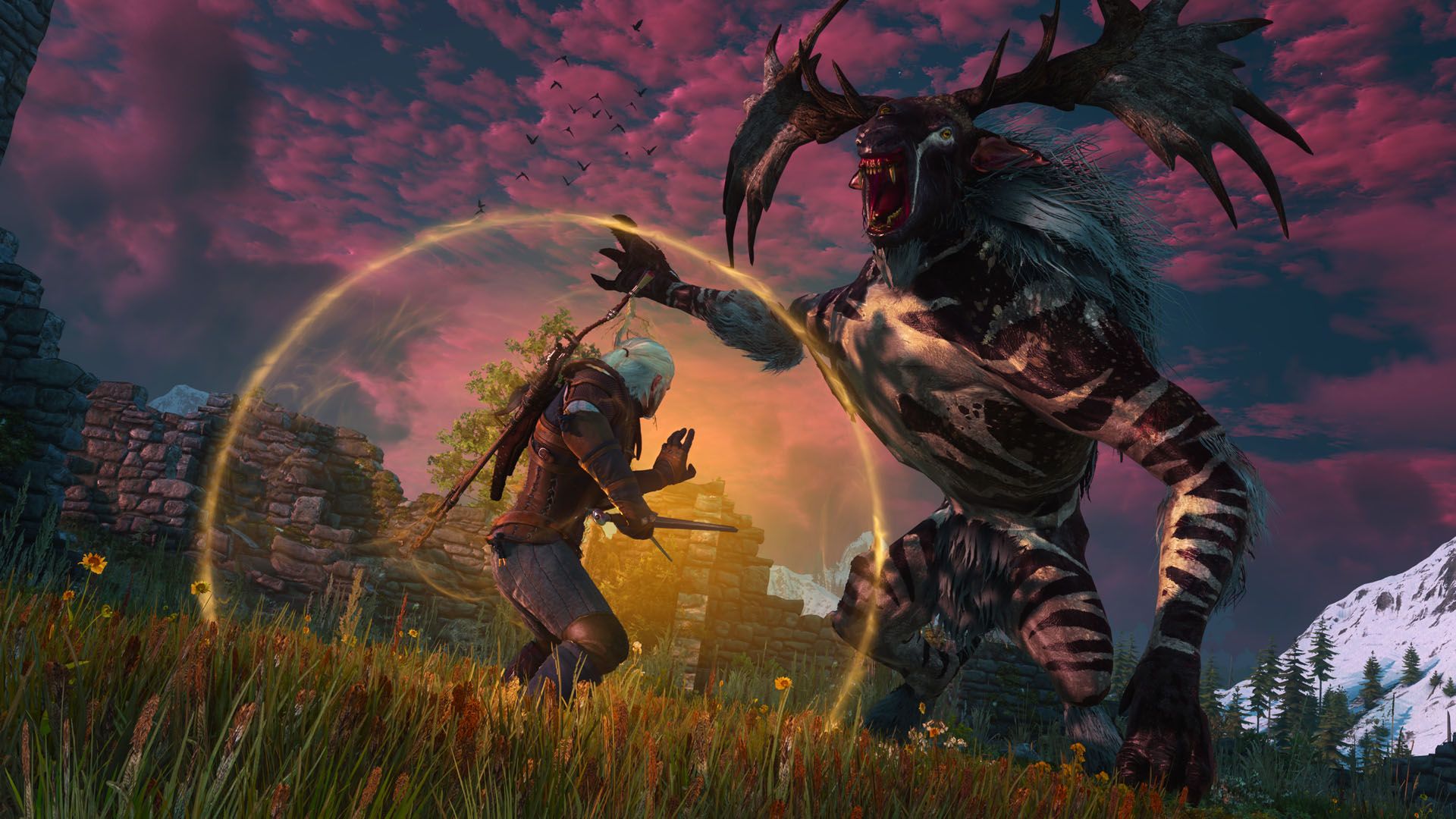 Official Xbox Wire screenshot showing combat and sign effects in The Witcher 3 Remastered.