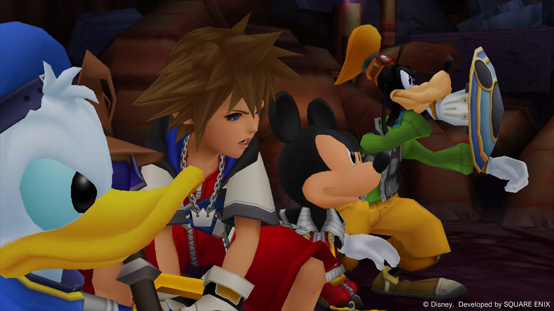 Donald, Sora, Mickey and Goofy crowd together in an official scene from earlier Kingdom Hearts collection content.