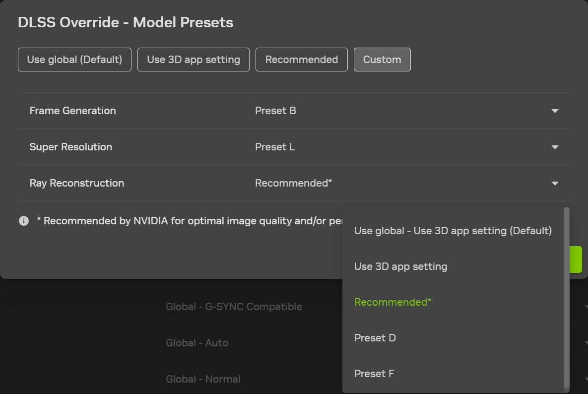 Official NVIDIA App screenshot showing DLSS override model selection options.