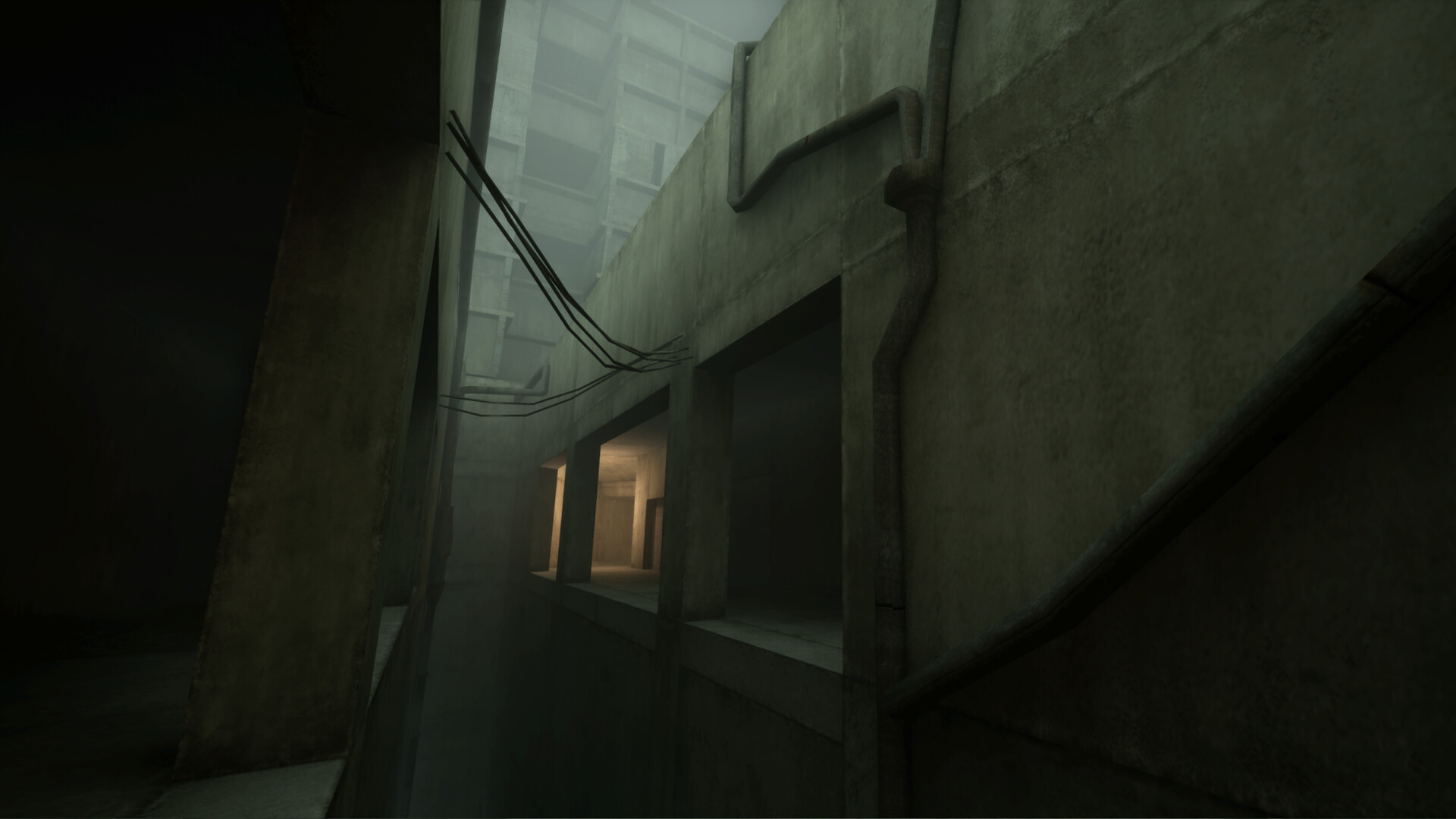 Official VHOLUME screenshot showing first-person traversal across an angular dystopian structure.