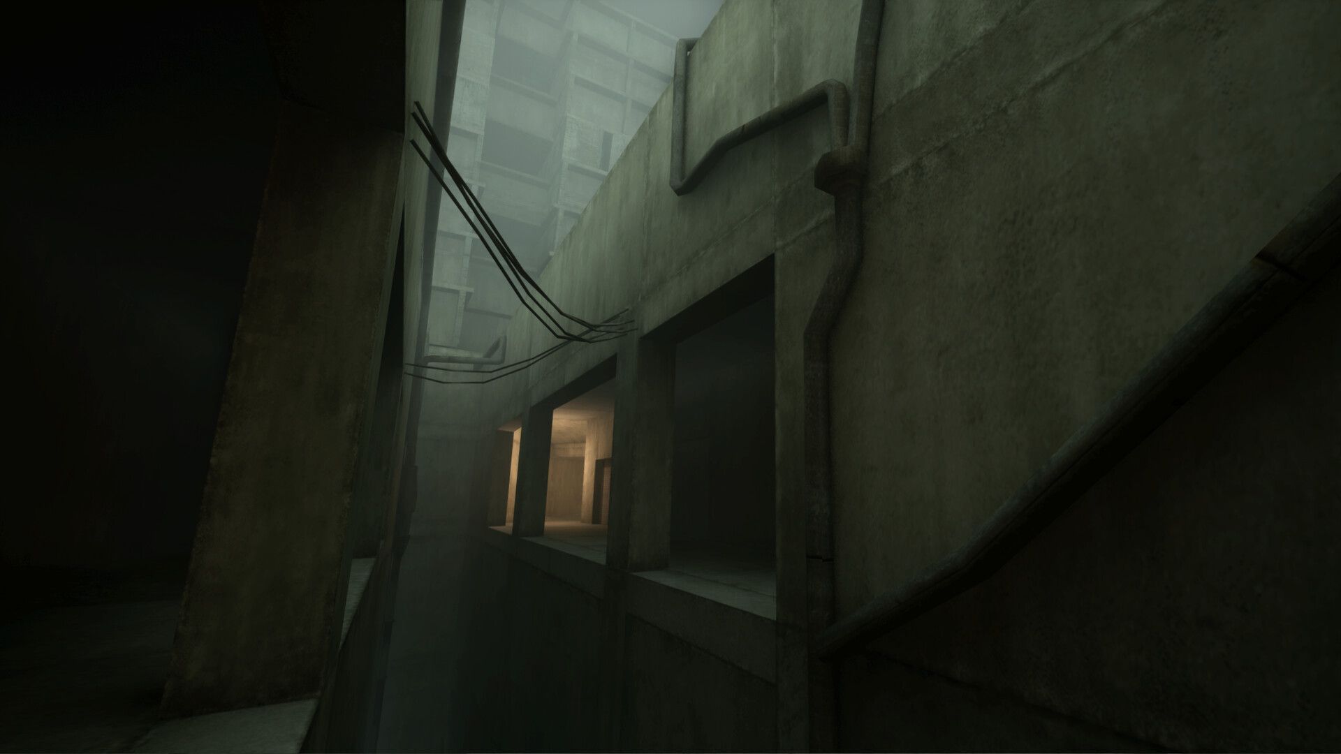 Official VHOLUME screenshot showing first-person traversal across an angular dystopian structure.