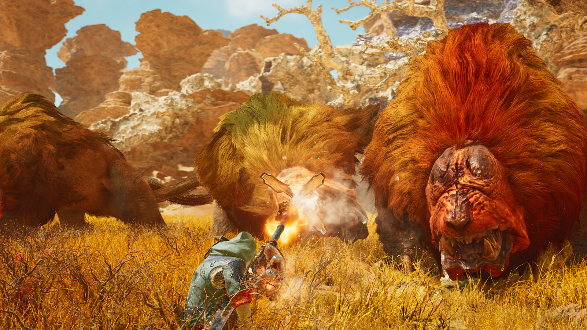 Official Monster Hunter Wilds Steam screenshot showing a monster encounter in a large outdoor area.