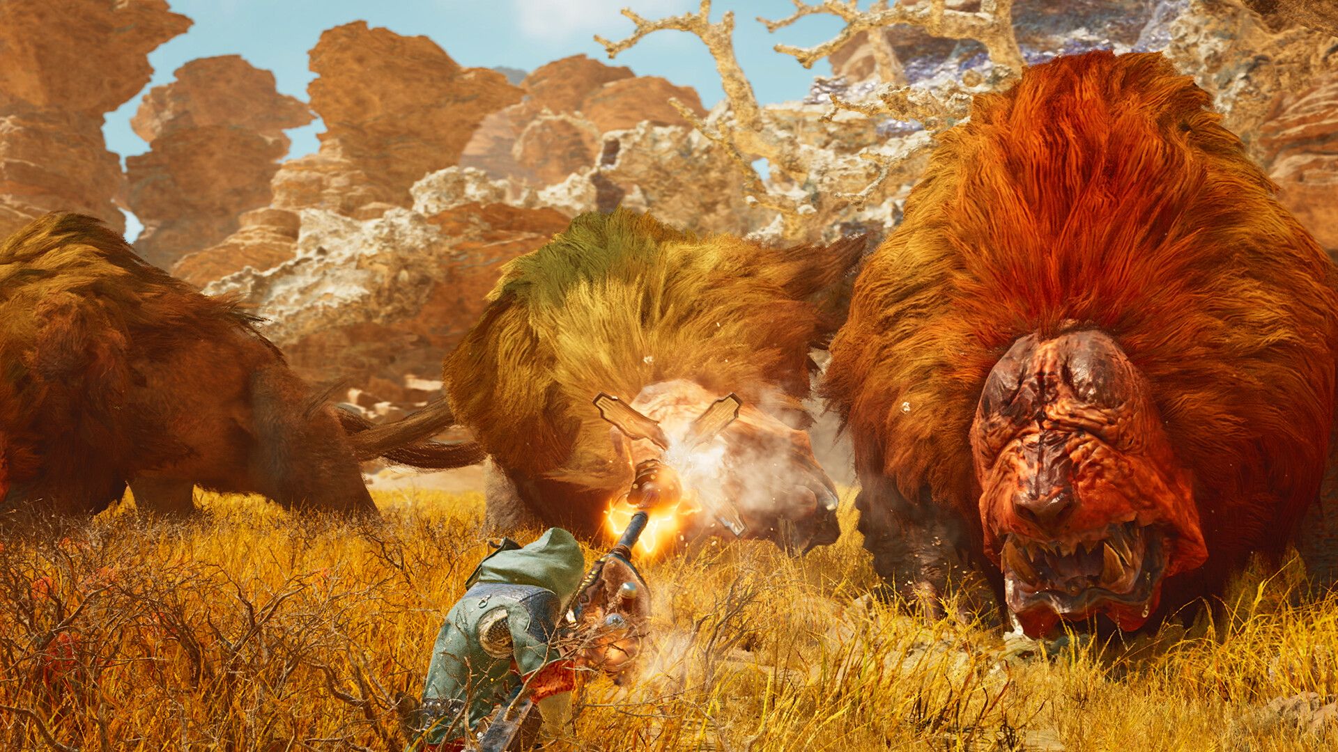 Official Monster Hunter Wilds Steam screenshot showing a monster encounter in a large outdoor area.