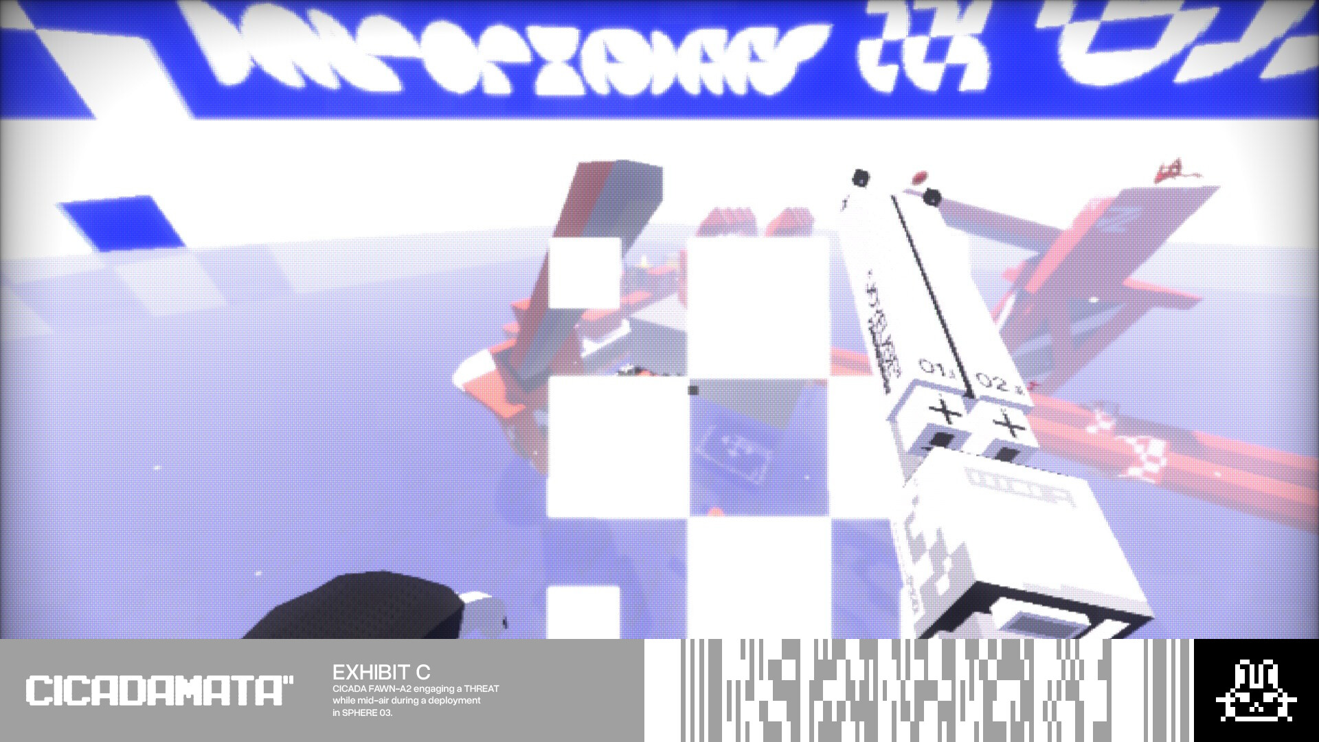 Official CICADAMATA screenshot showing a first-person action sequence with airborne traversal and enemy pressure.