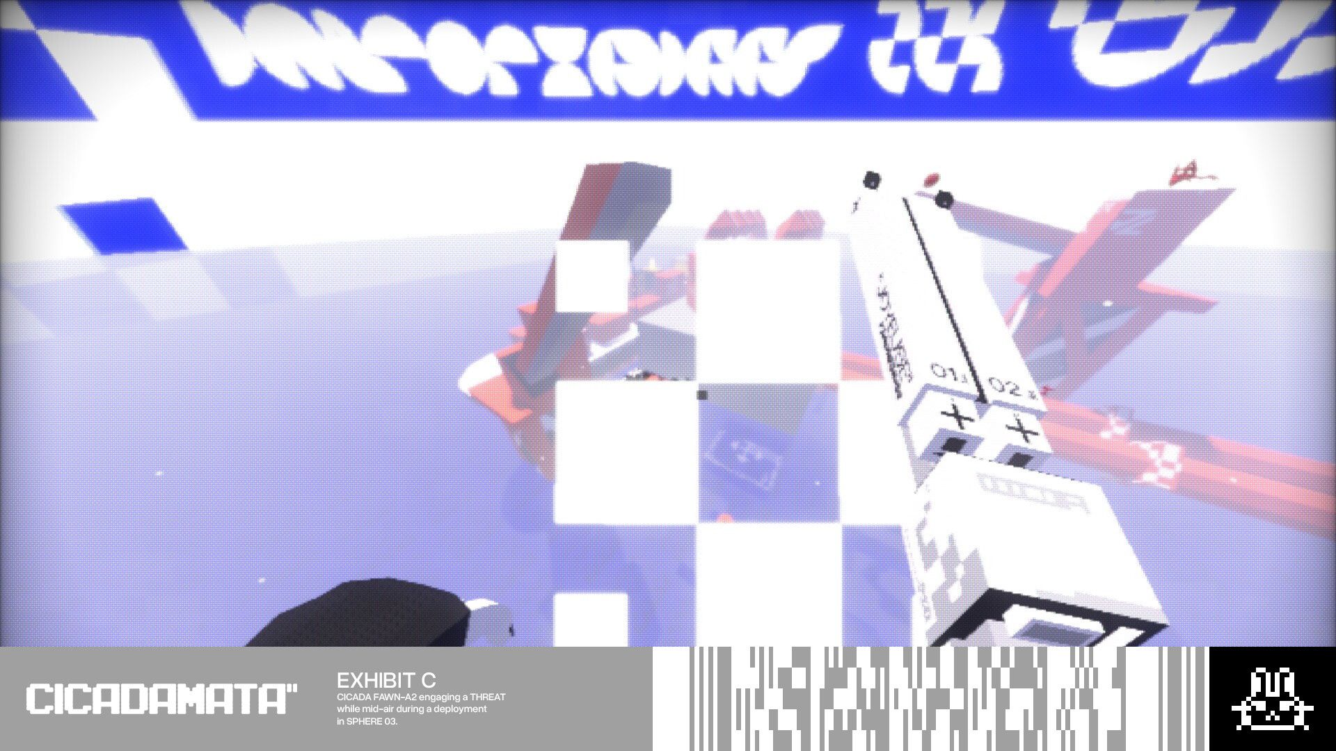 Official CICADAMATA screenshot showing a first-person action sequence with airborne traversal and enemy pressure.