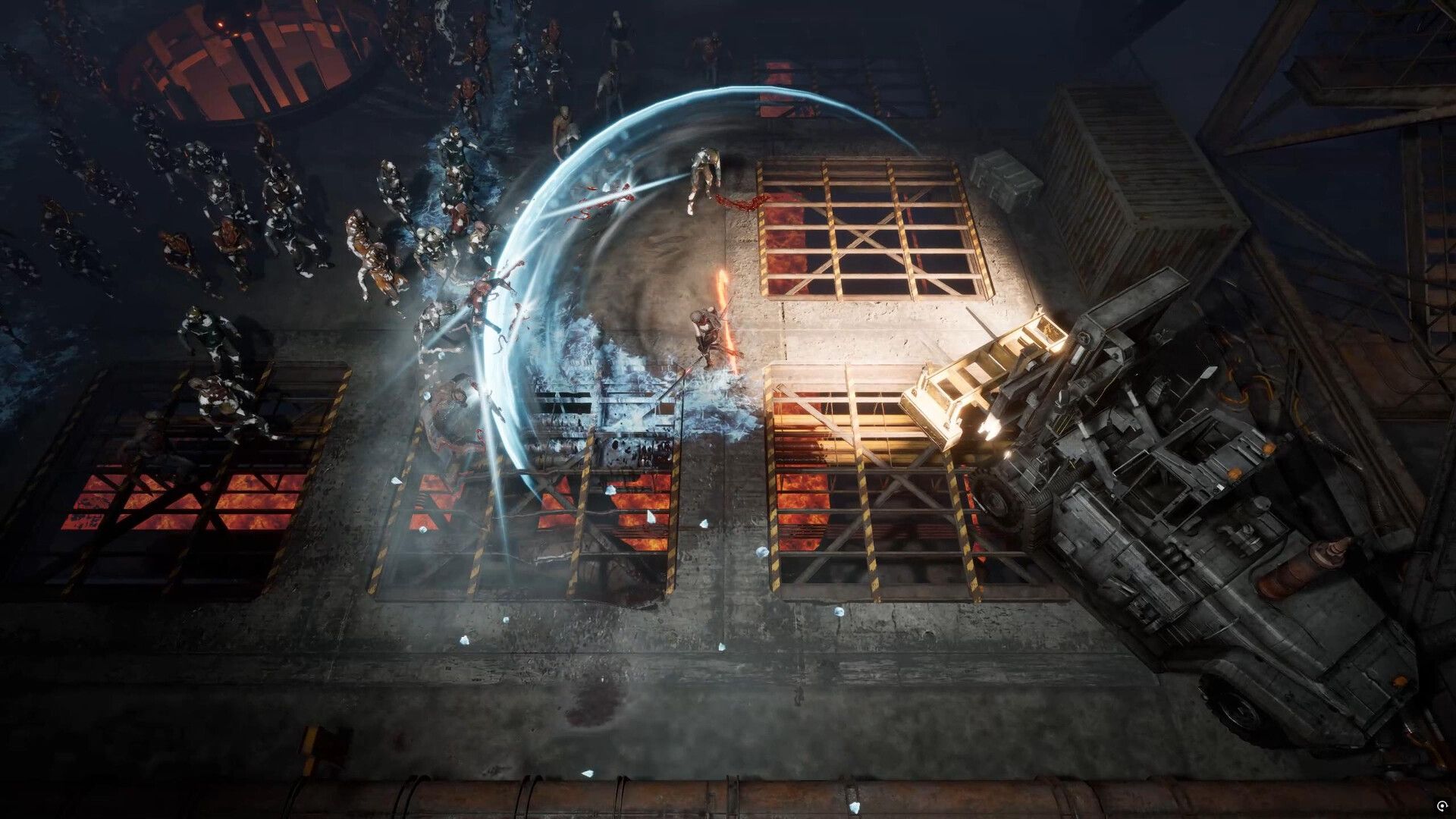 Official R.I.P. screenshot showing a character surrounded by enemies in a dark combat arena.