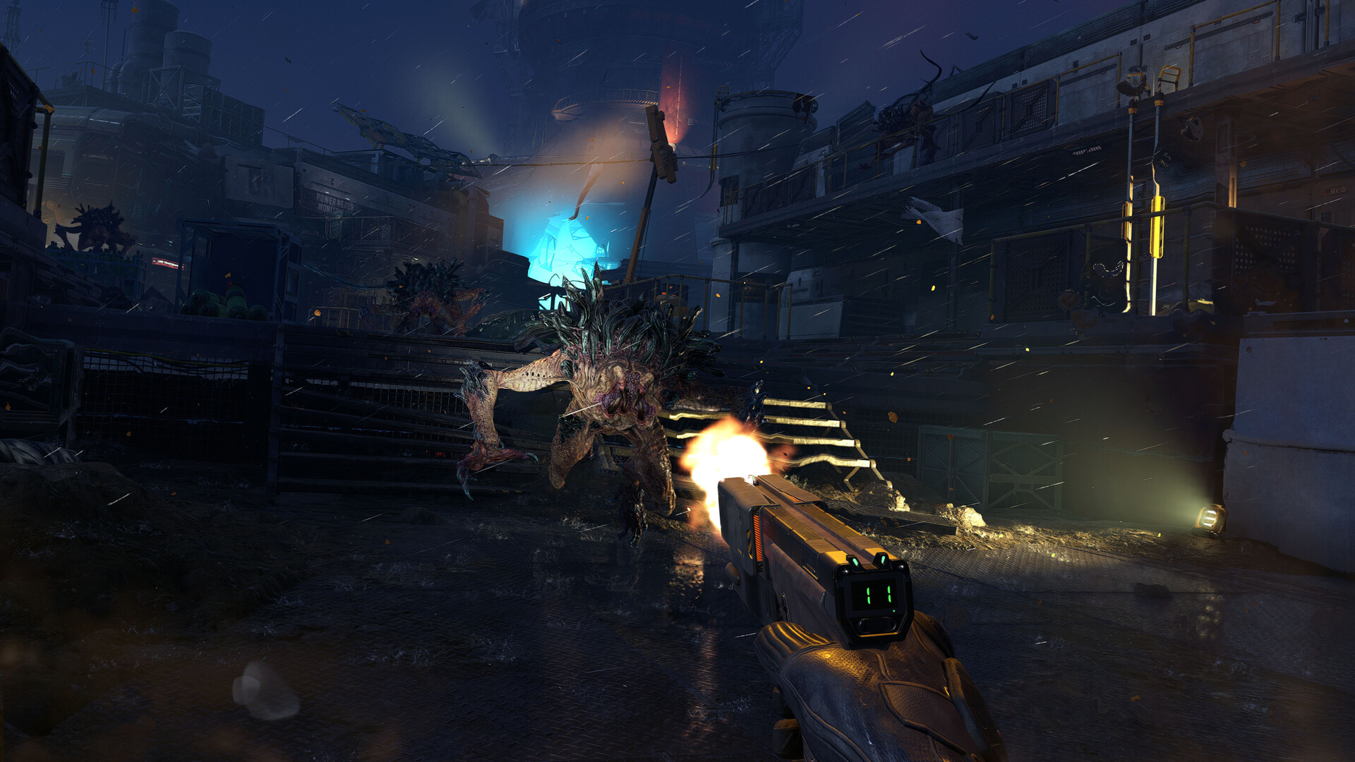 Official Alien Deathstorm screenshot showing the player confronting aliens in a hazardous industrial area.