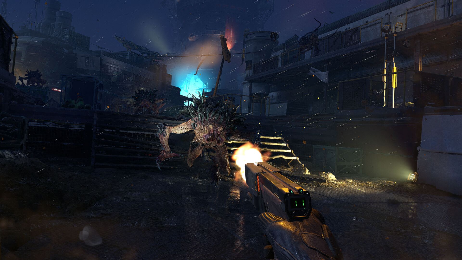 Official Alien Deathstorm screenshot showing the player confronting aliens in a hazardous industrial area.
