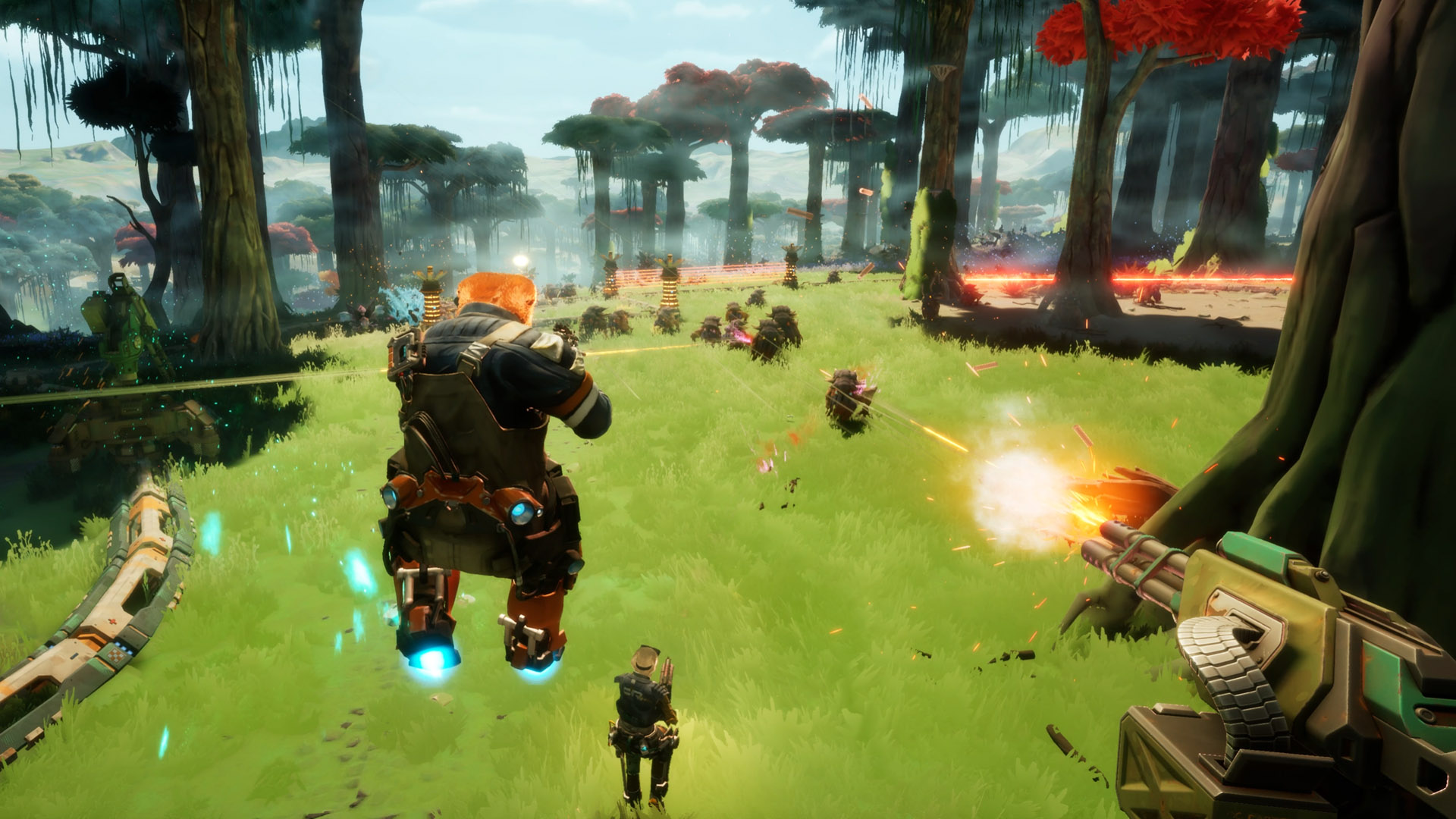 Official Gravhounds screenshot showing the team fighting together around a defended base structure.