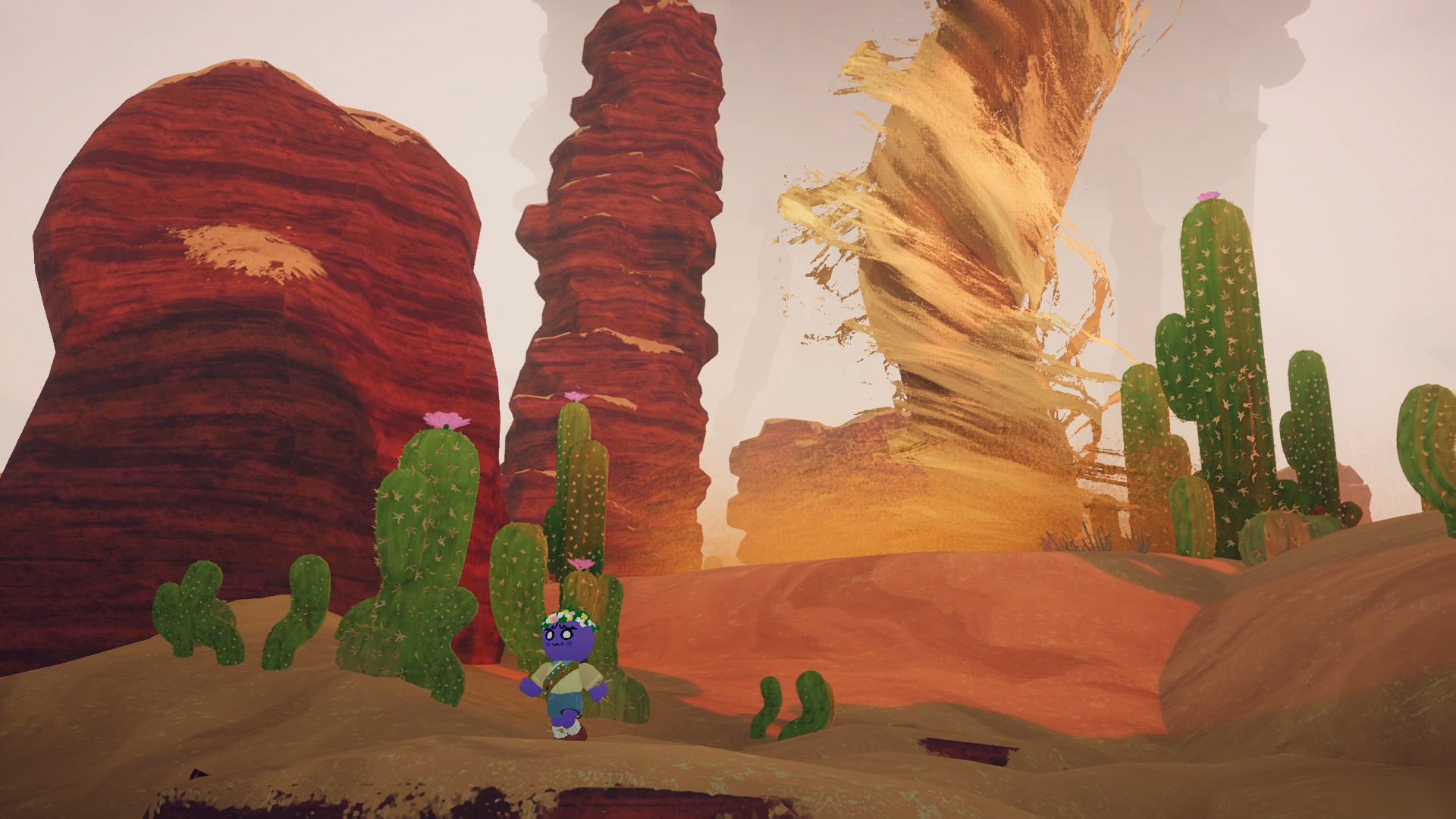 A purple scout stands beside tall cacti with a large tornado behind the orange rock formations.