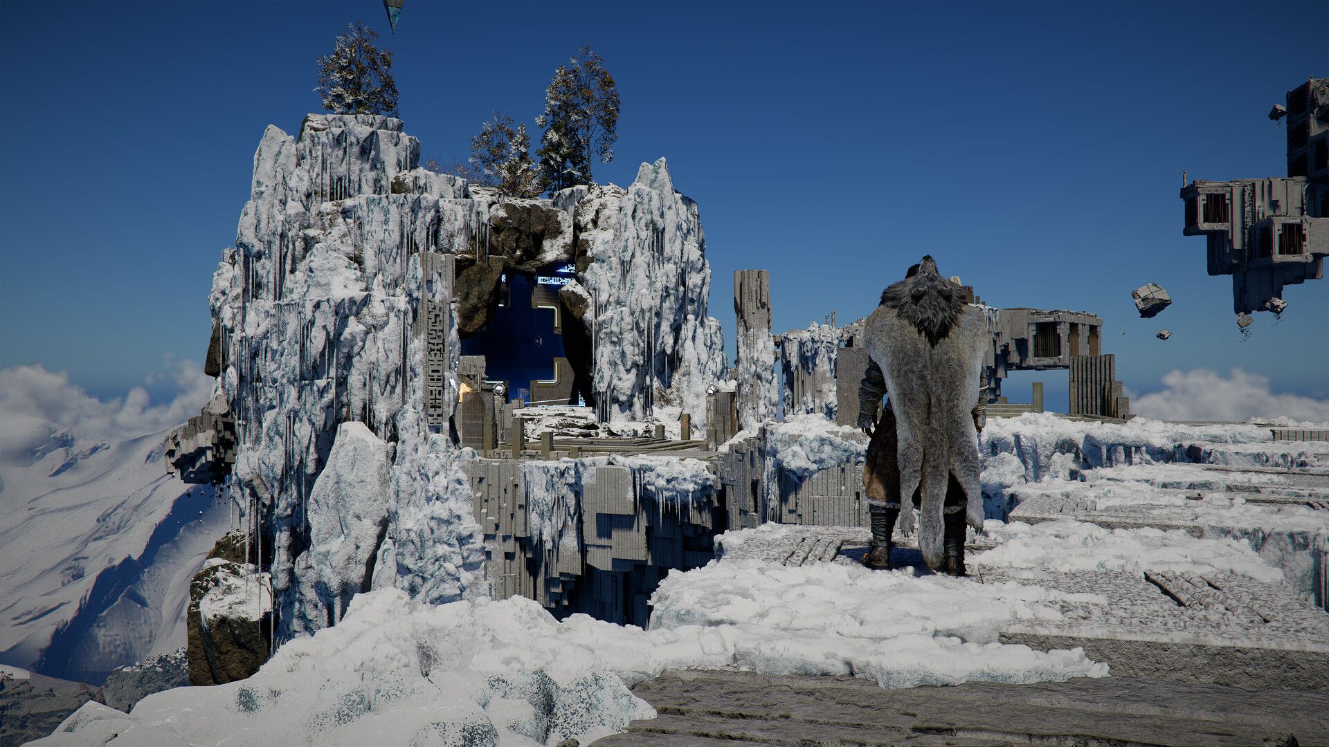 Official Crimson Desert screenshot showing Kliff standing in a frozen ruin area in Crimson Desert.