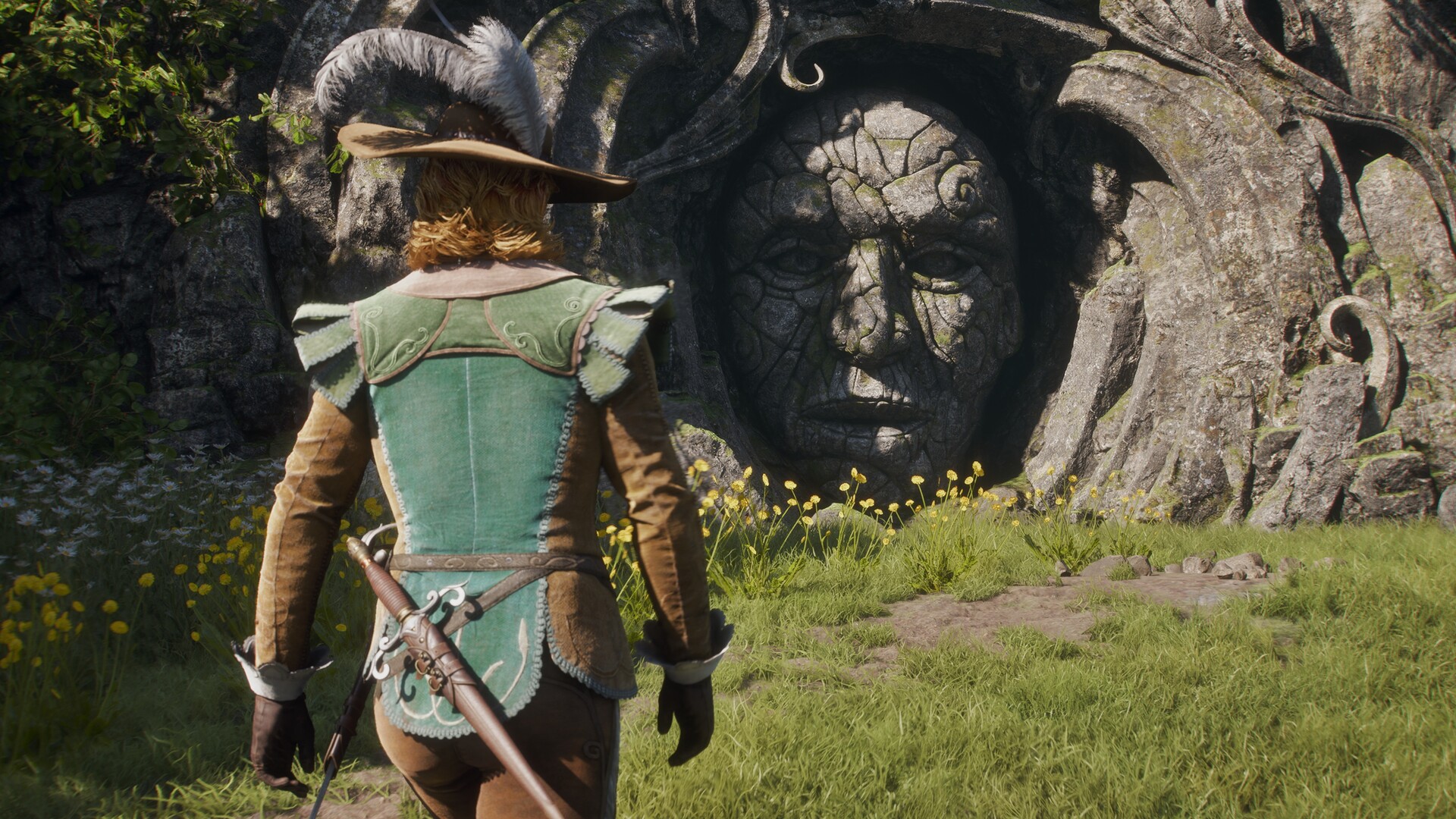 Official Fable Steam screenshot showing the hero in a town scene with a giant beanstalk in the distance.