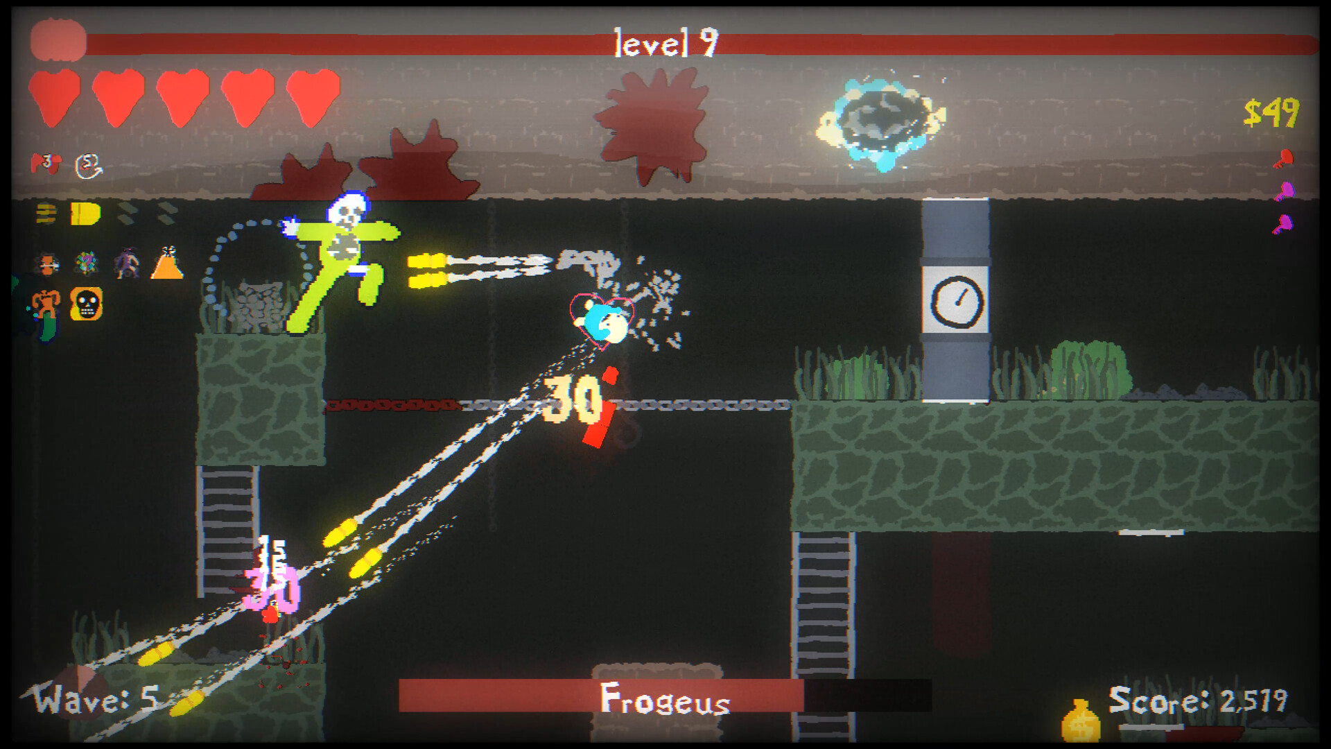 Official Blood Dungeon screenshot showing another arena layout with hazards, enemies, and the game's platforming survival structure.