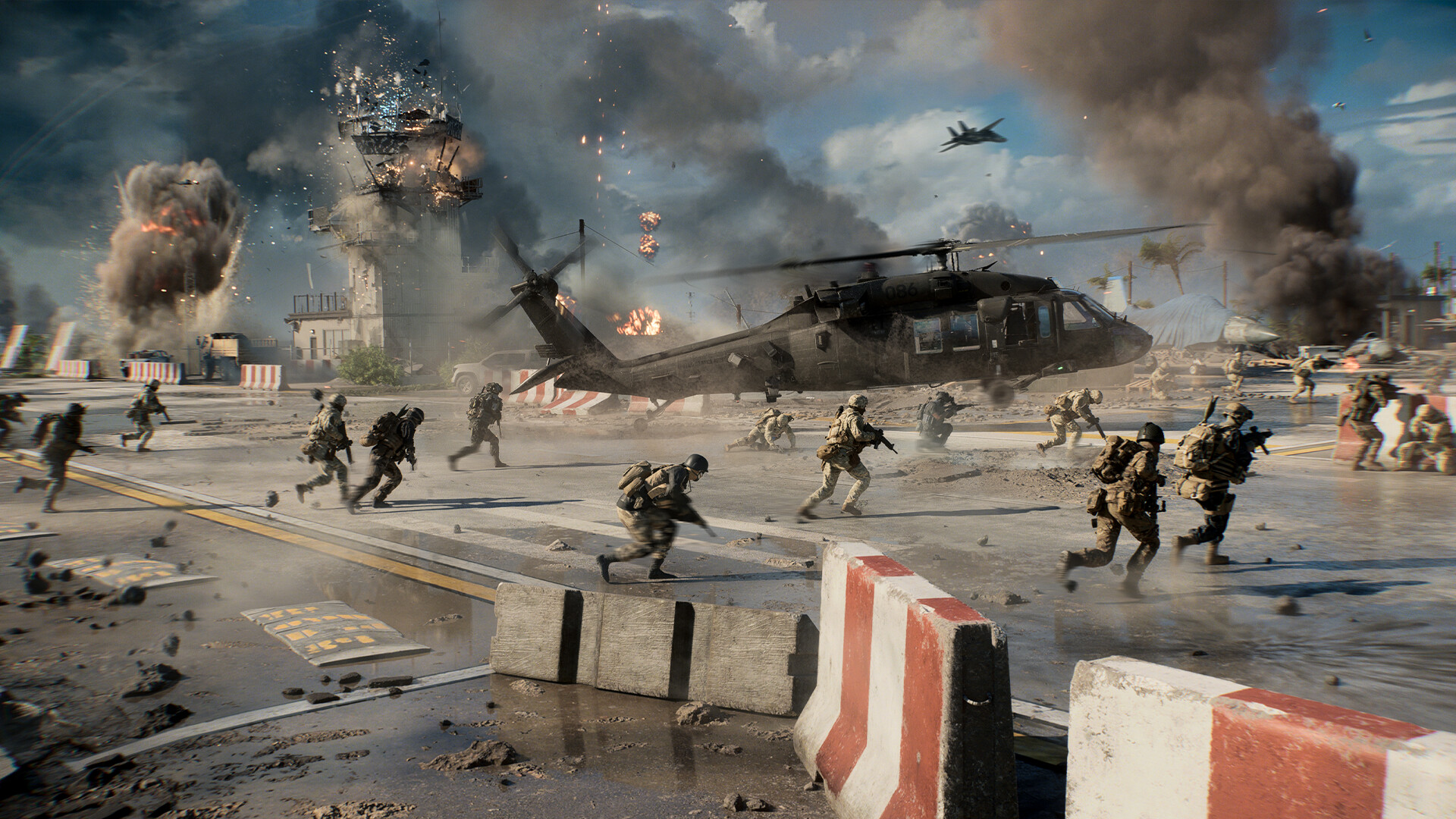 Official Battlefield 6 Steam screenshot showing a squad advancing through an active combat zone with smoke and explosions.