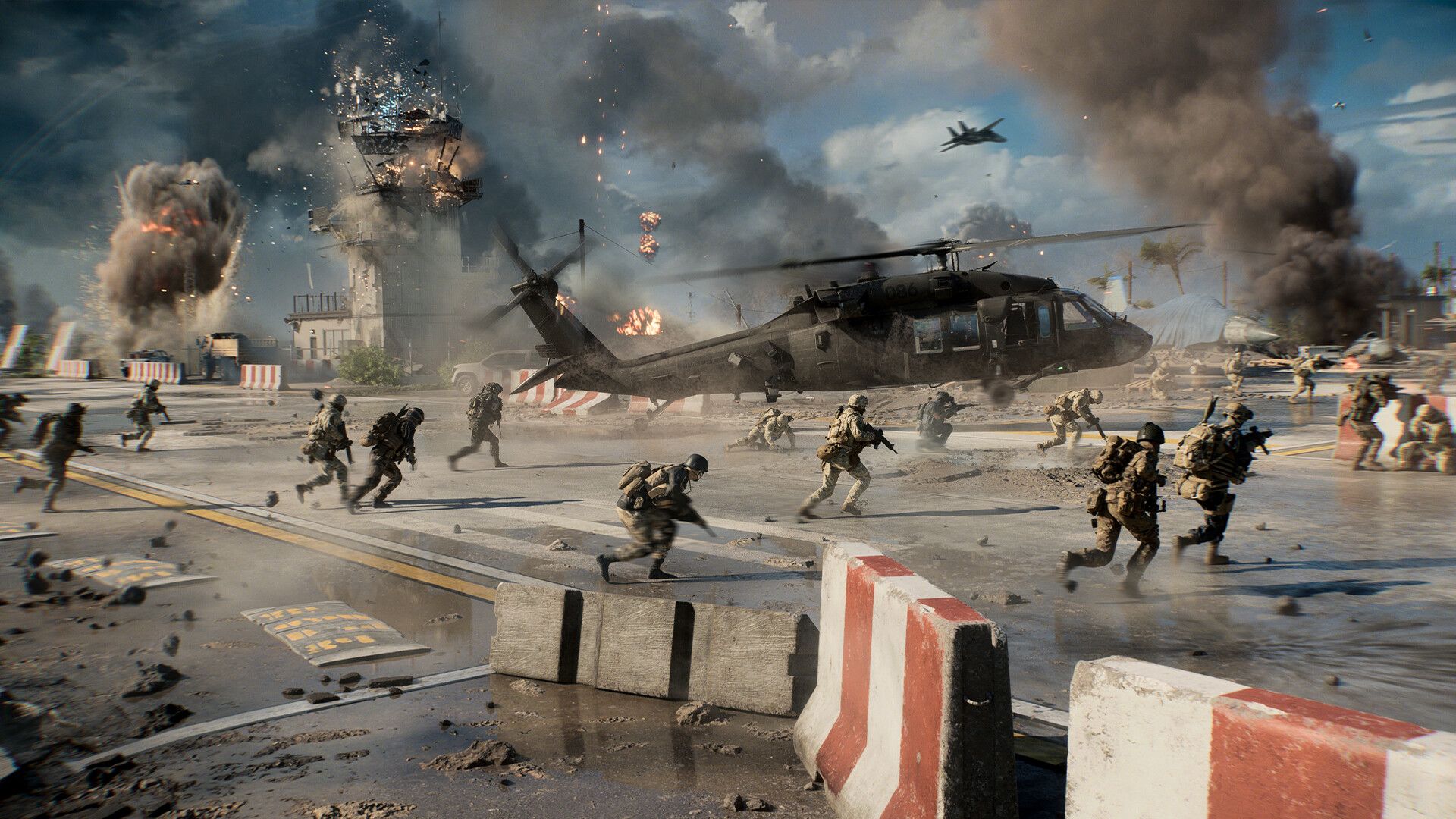Official Battlefield 6 Steam screenshot showing a squad advancing through an active combat zone with smoke and explosions.