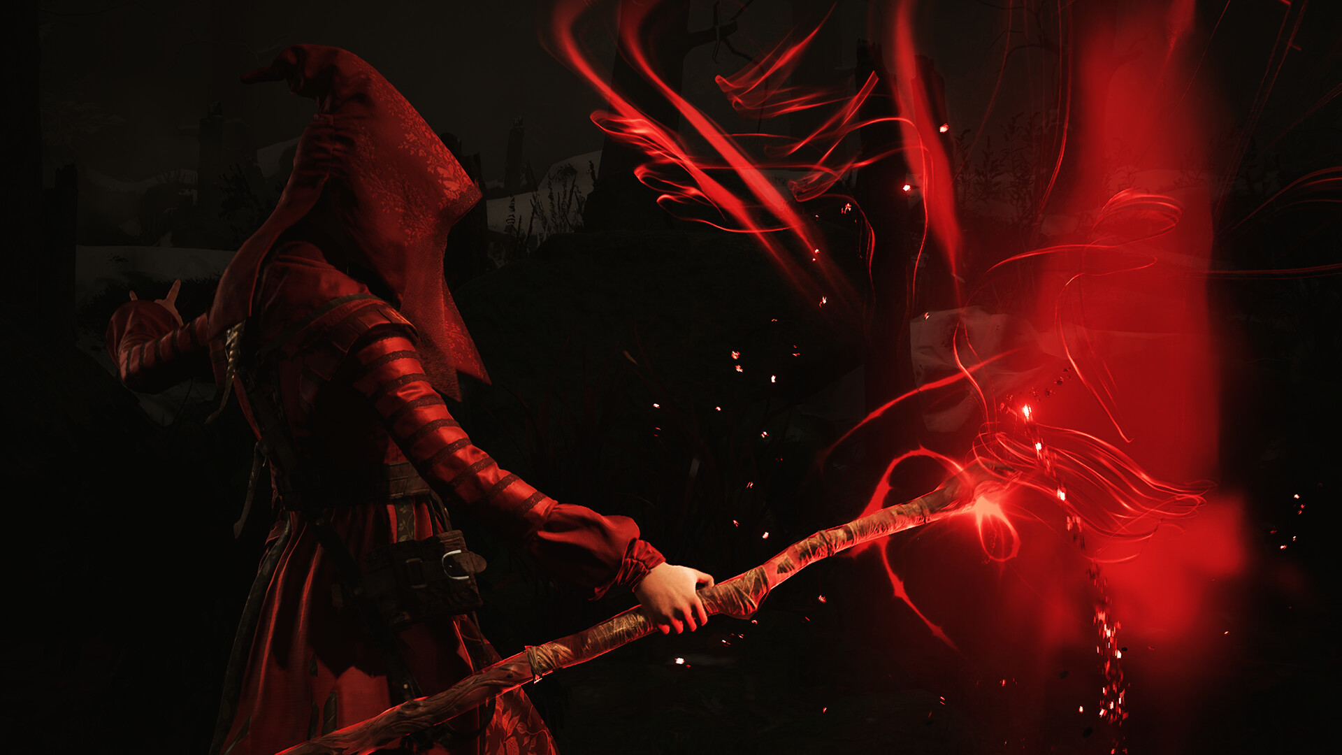 Official 1666: Amsterdam screenshot showing Noa casting bright red witchcraft from a staff in a dark forest.