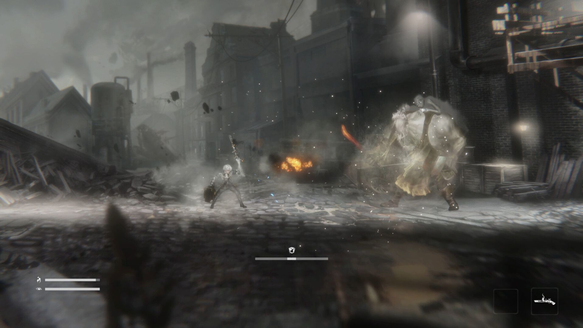 Official Vapor World screenshot showing the player character fighting a hulking creature inside a dim mechanical space.