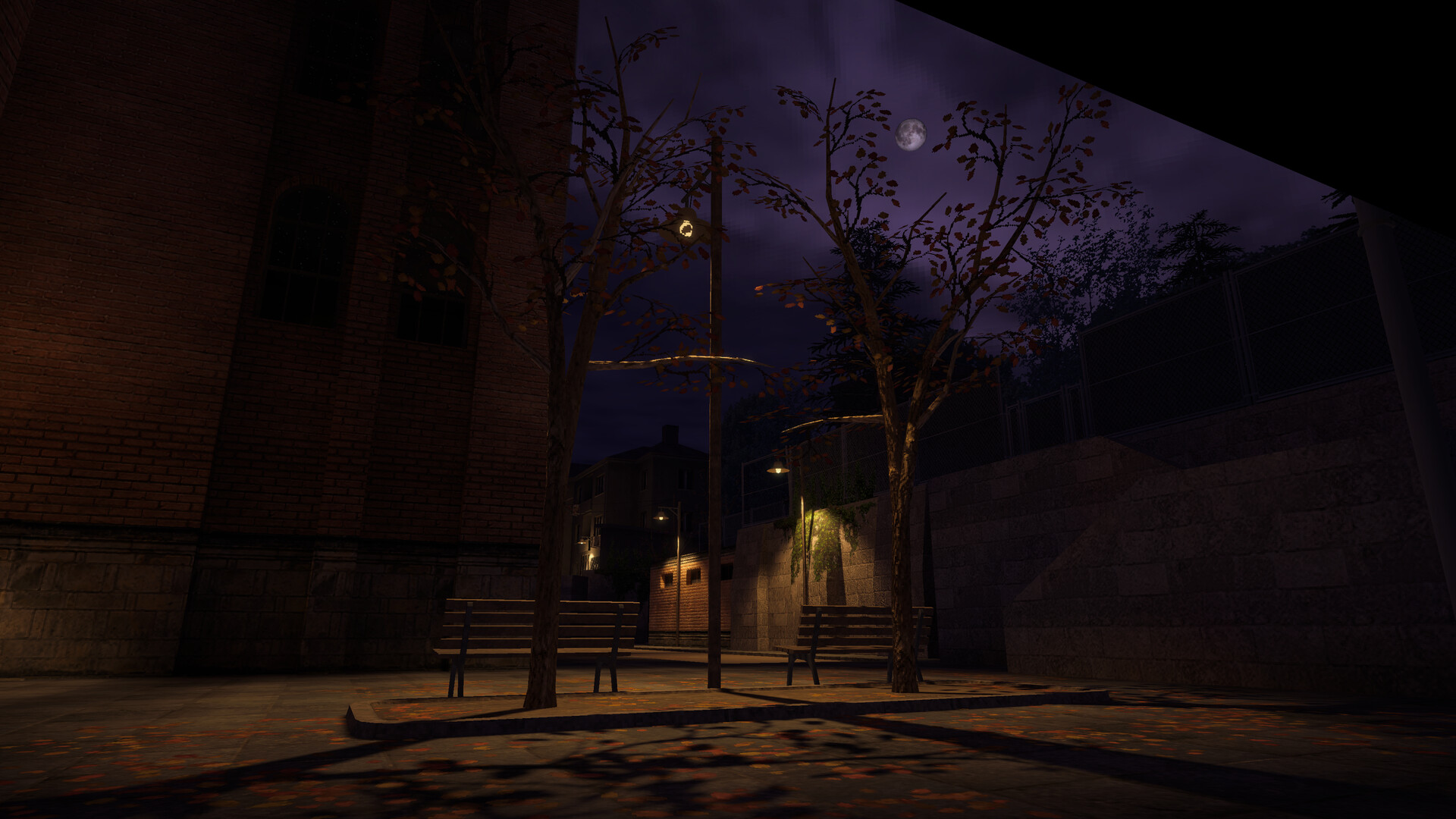 Official Iron Blight screenshot showing a moonlit street with benches, trees, and an empty Eastern Bloc town atmosphere.