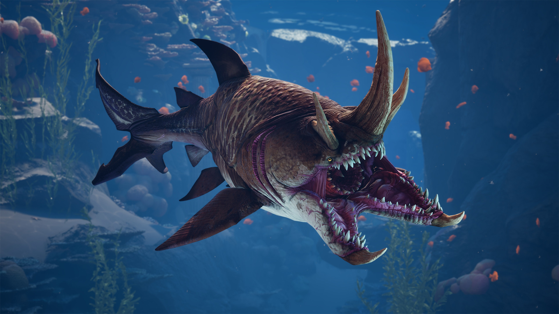 Official Maneater 2 image showing the shark in a combat scene inside an underwater attraction.