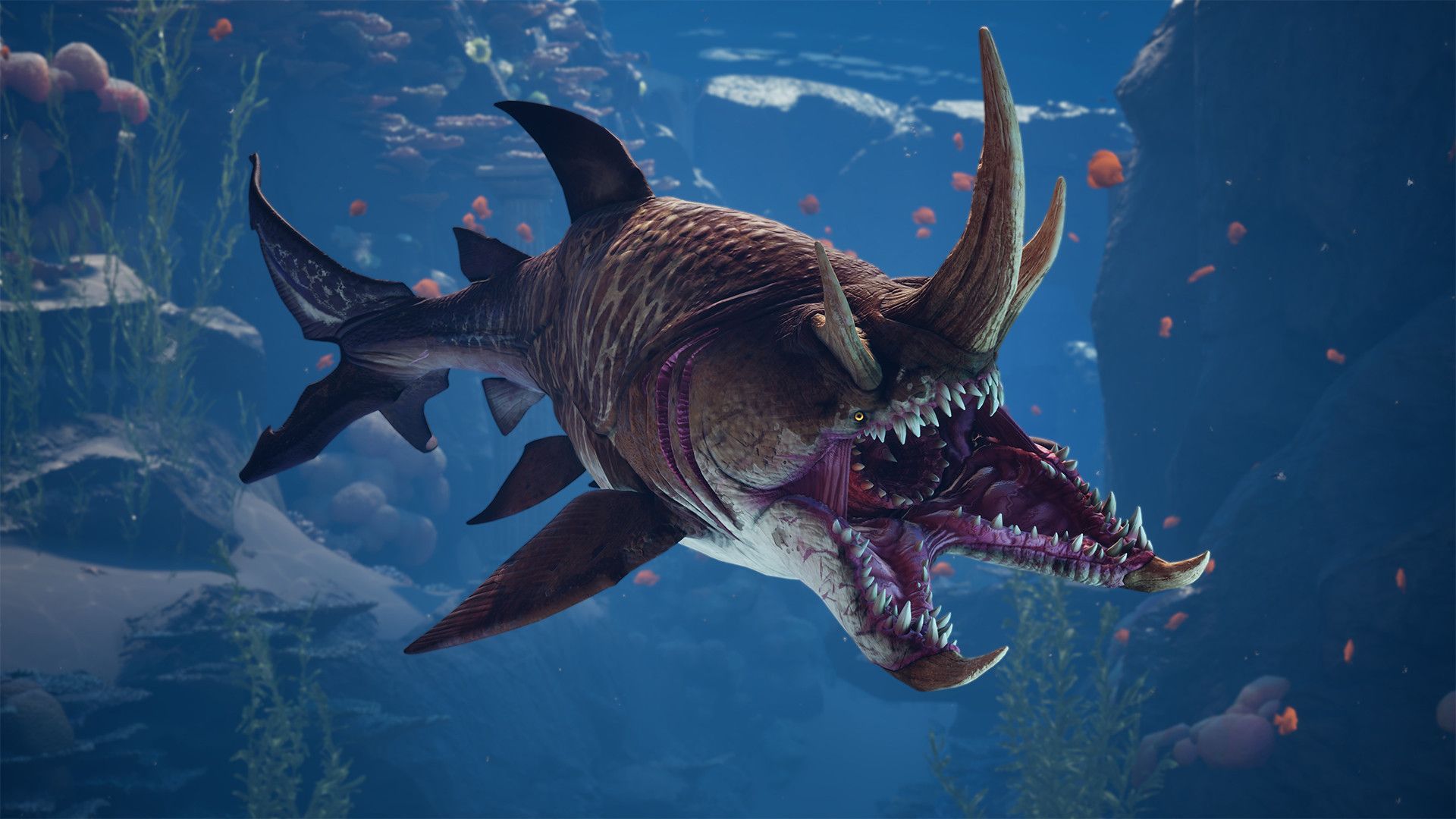 Official Maneater 2 image showing the shark in a combat scene inside an underwater attraction.