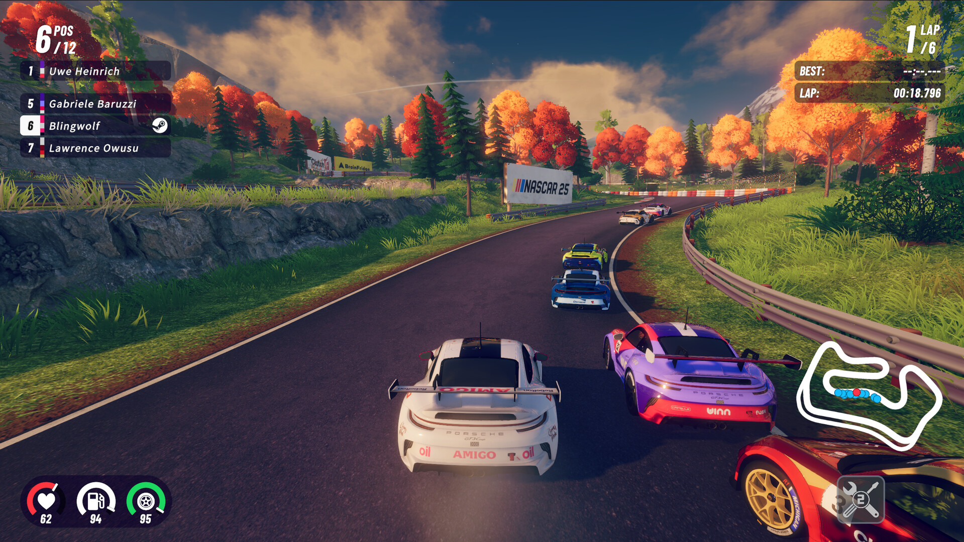 Official iRacing Arcade Steam screenshot showing multiple race cars in a bright trackside scene.