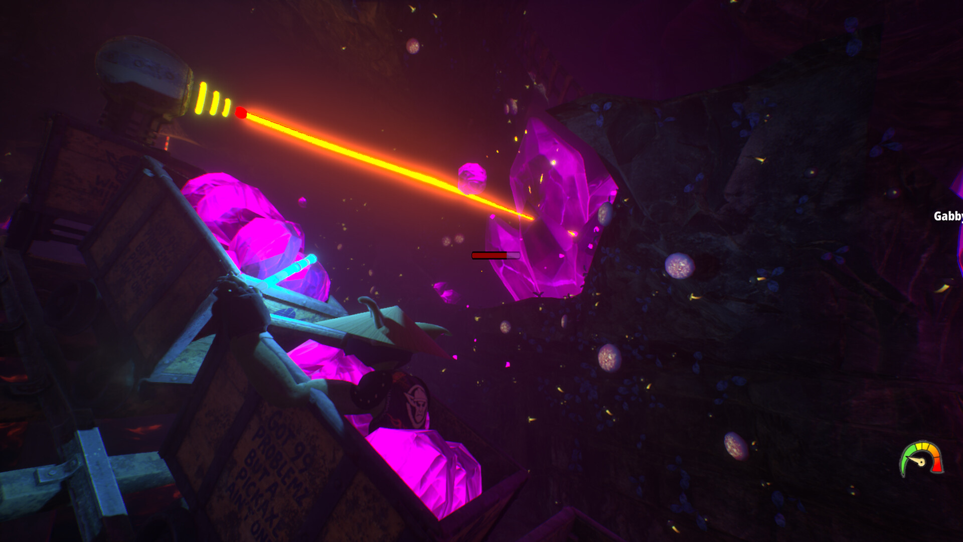 Official Goblin Company Steam screenshot showing a larger underground chamber with multiple goblins, rails, and hazards spread across the biome.