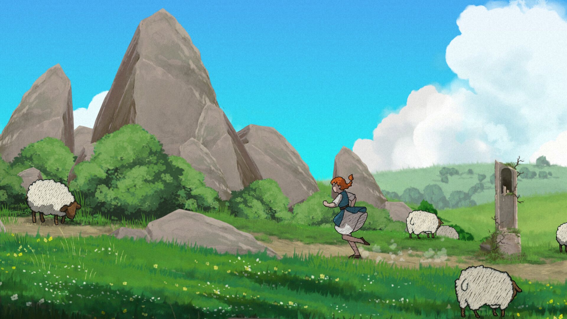 Official Scarlet Deer Inn screenshot showing a tense scene in the game's medieval folk setting with stitched figures and shadowy detail.