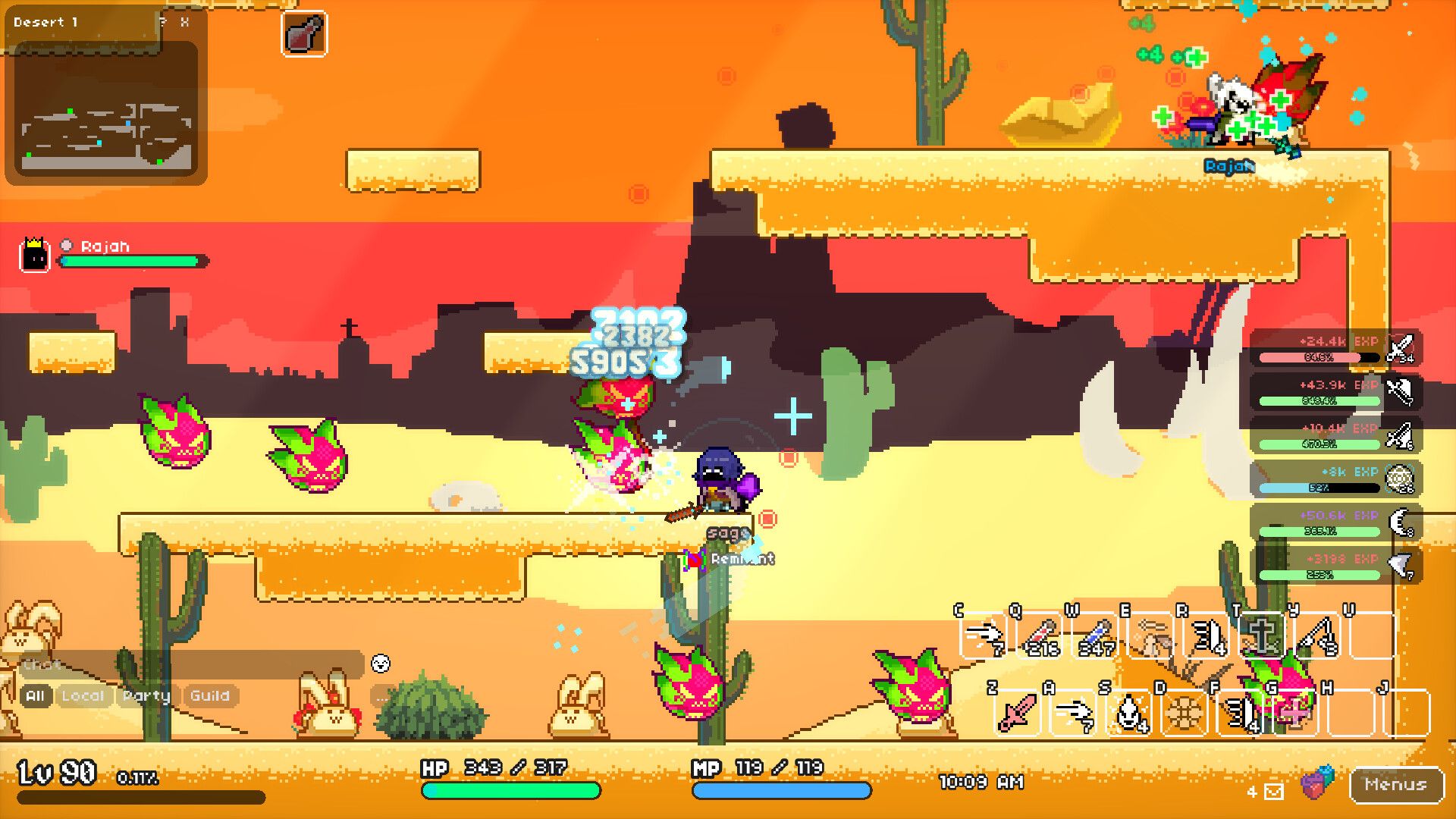 Official Soul's Remnant screenshot showing desert combat with damage numbers, enemies, and a busy combat UI.