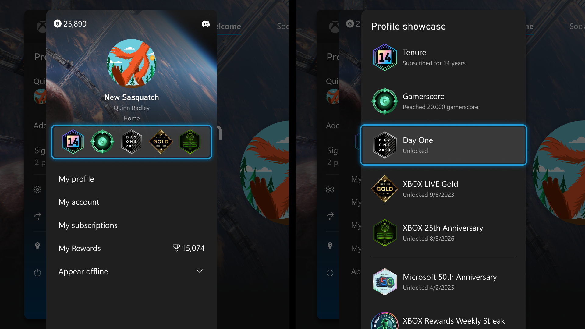 Official Xbox Wire screenshot showing the new profile badge detail view.
