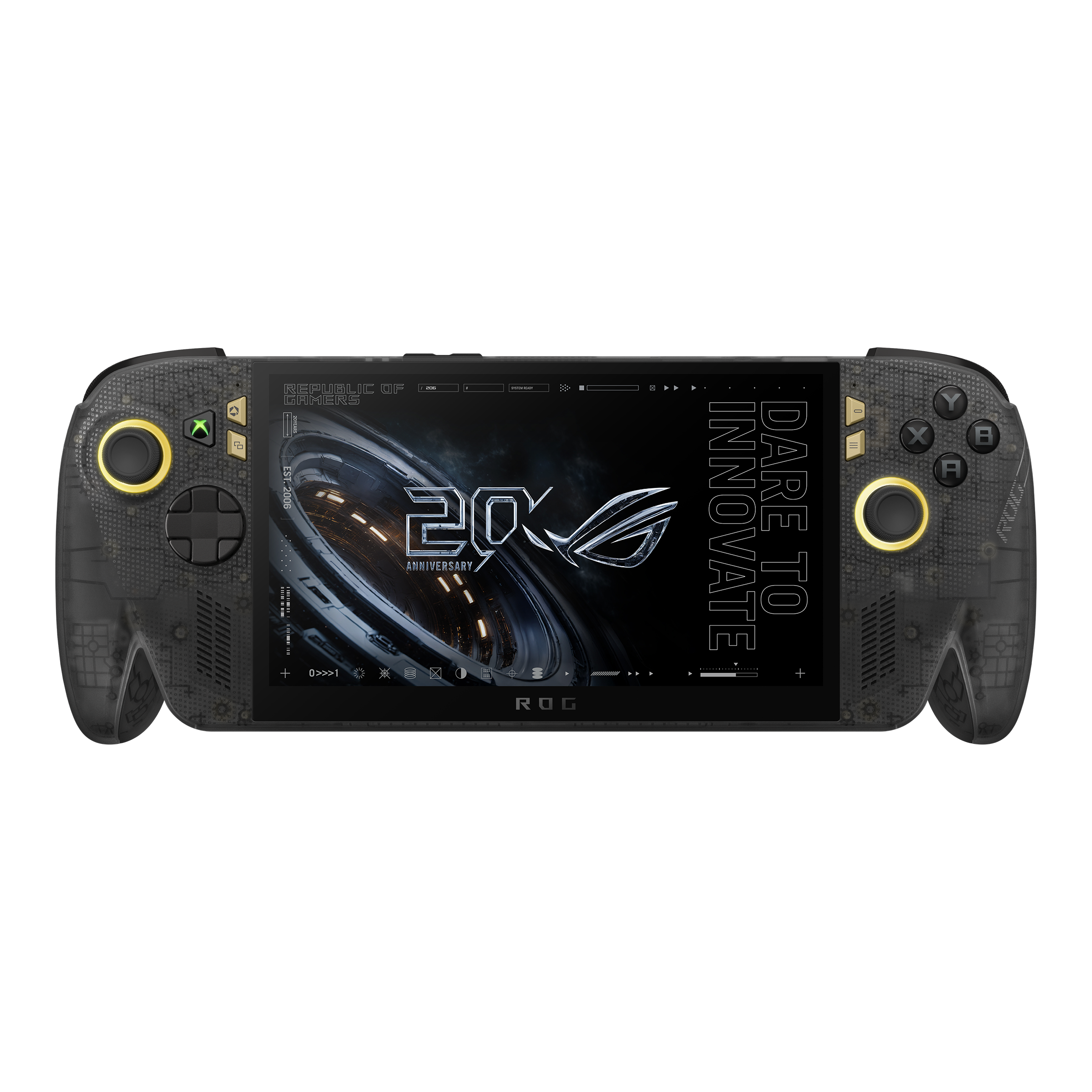Official ASUS product image showing the ROG Xbox Ally X20 handheld in black and gold with matching ROG XREAL glasses.