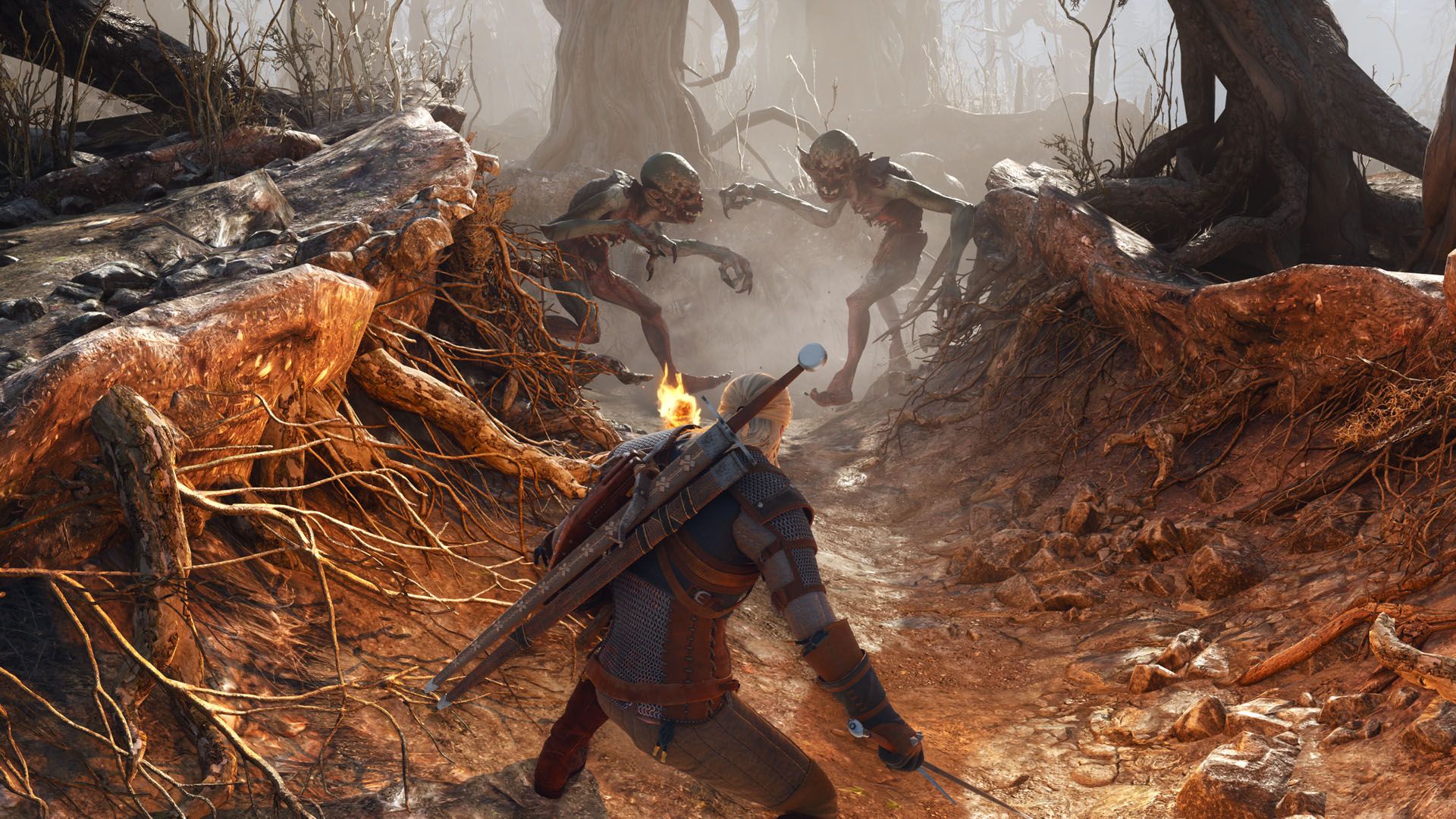 Official Xbox Wire screenshot showing Geralt fighting a group of enemies in The Witcher 3 Remastered.