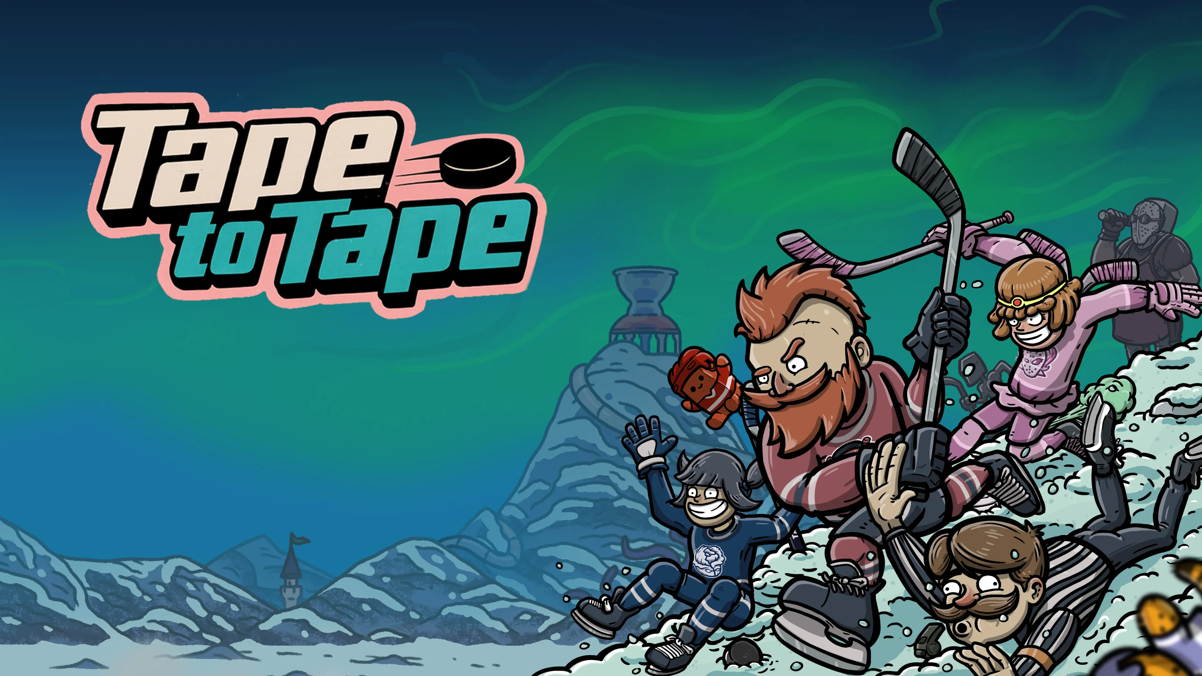 Tape to Tape logo above a cartoon hockey cast on a snowy rink.