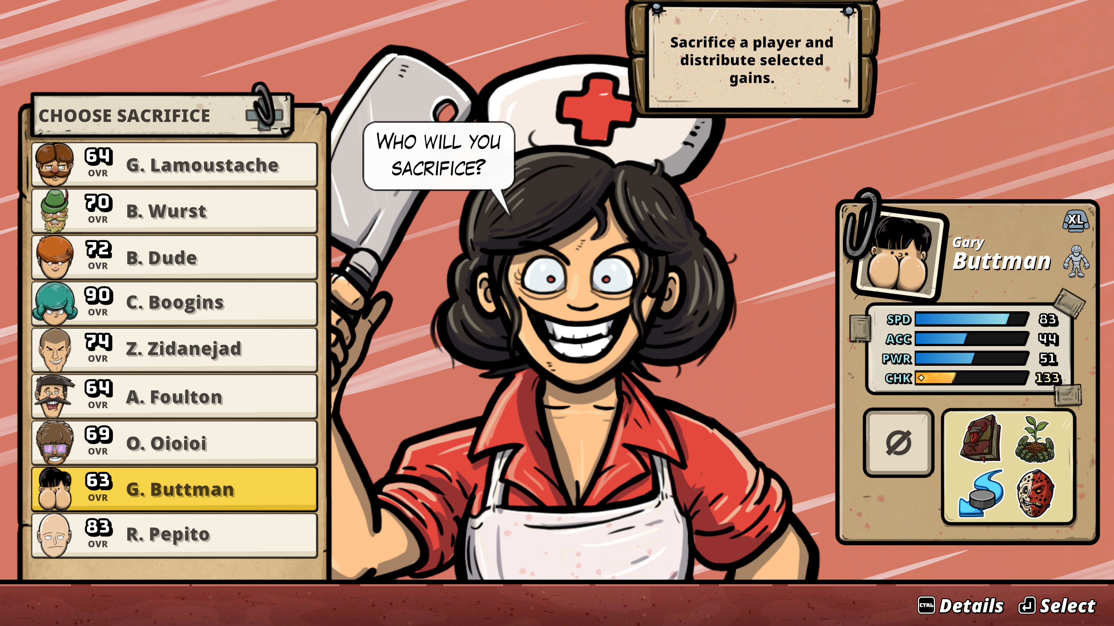 The Infirmary menu asks which player to sacrifice and displays the selected player's attributes.