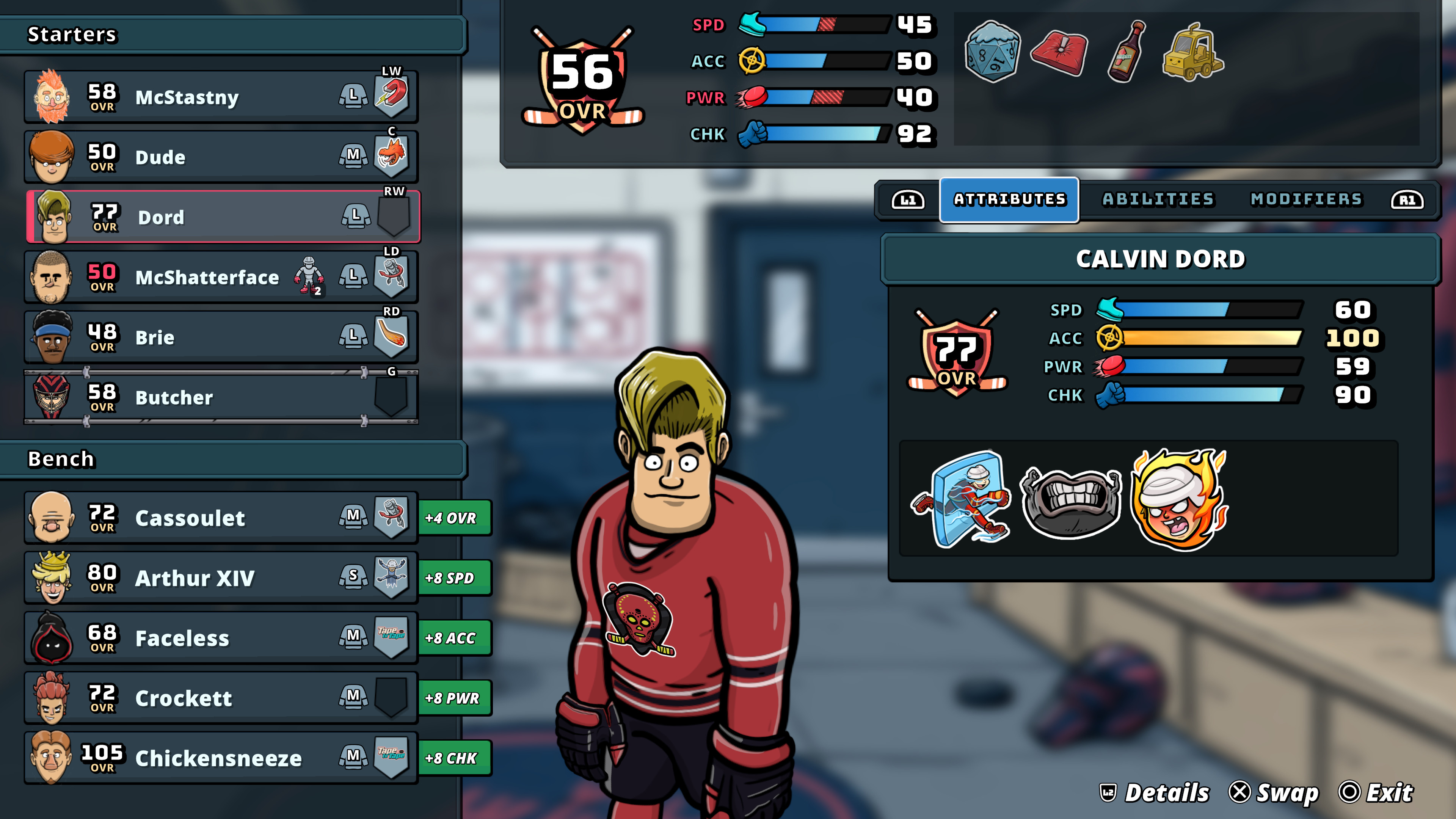 A lineup menu separates starters from bench players and shows Calvin Dord's attributes and abilities.