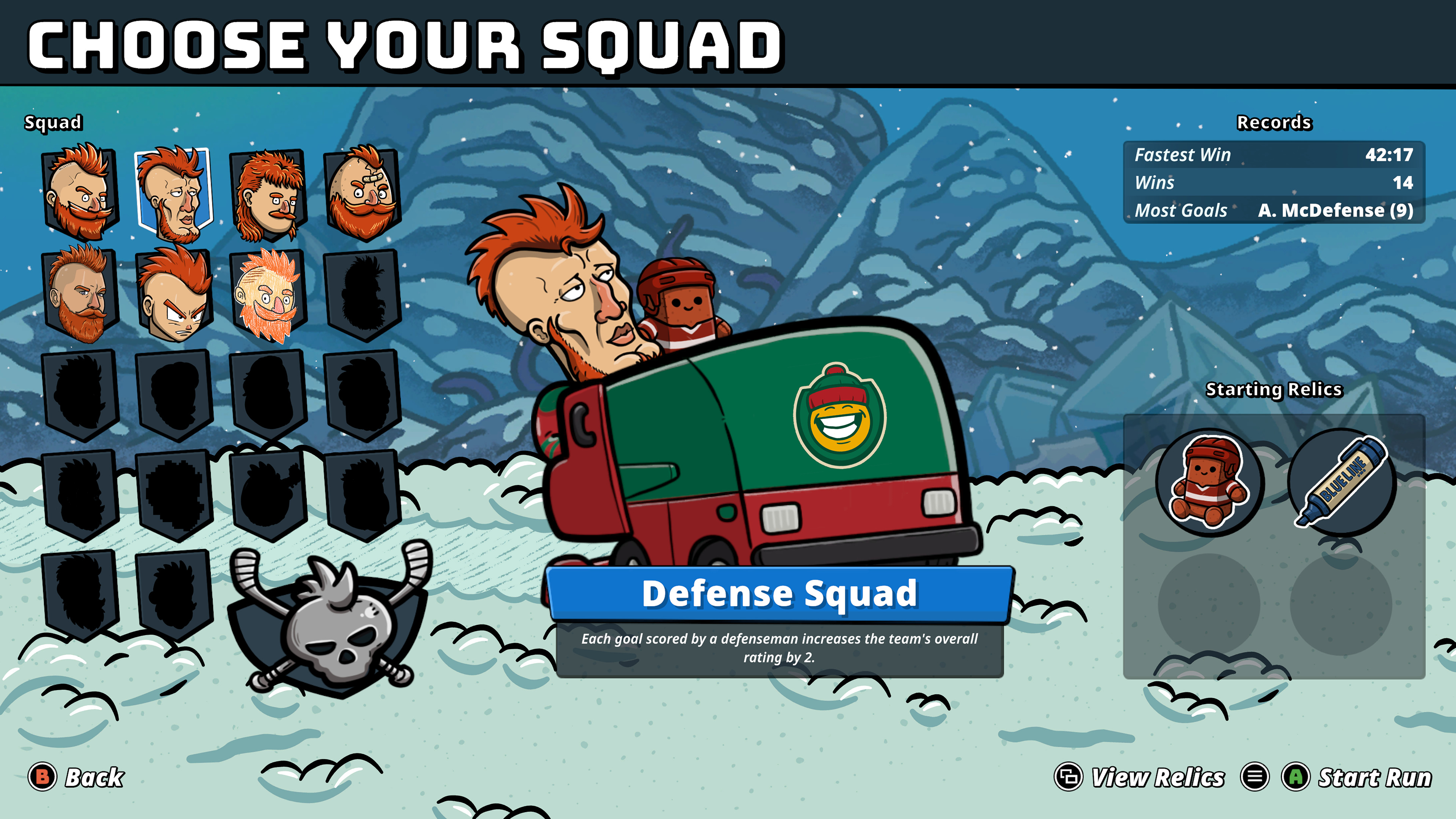 The Defense Squad selection screen shows character portraits, records and starting Relics.