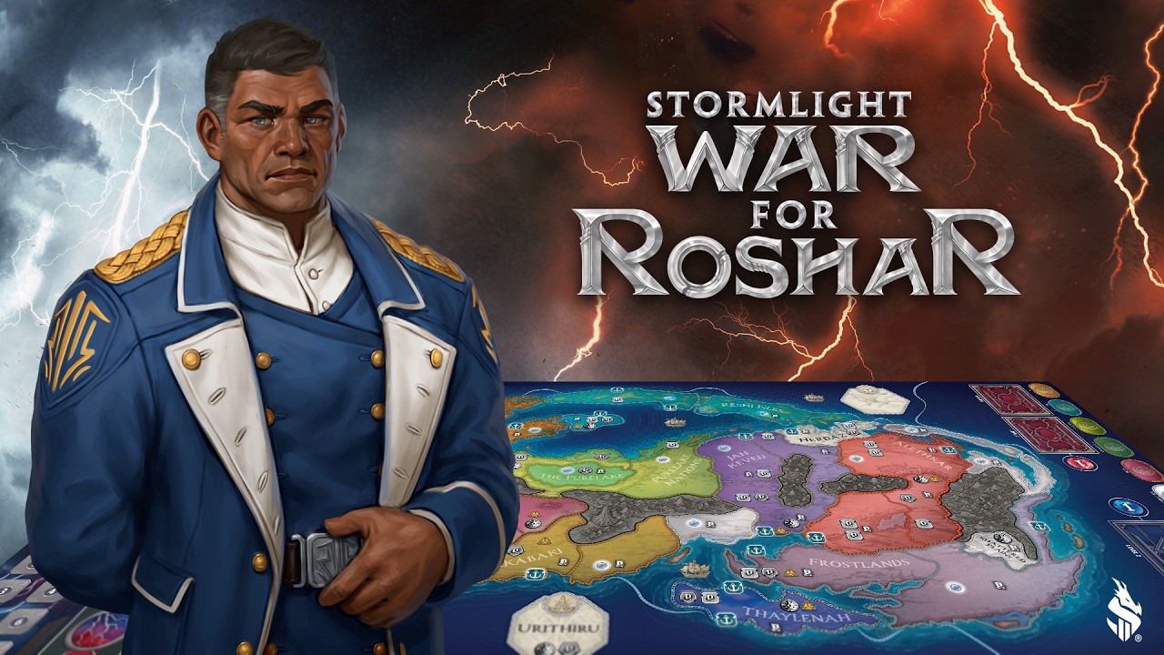A still from Brotherwise’s official War for Roshar teaser trailer, showing a stormy fantasy landscape and the game’s title treatment.