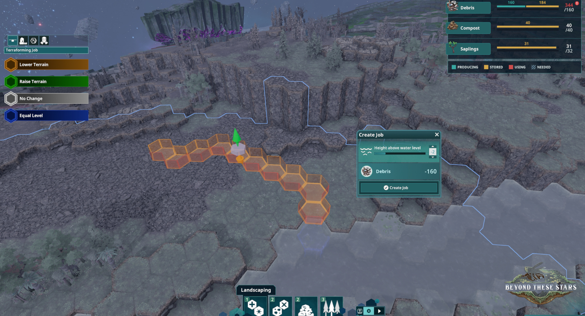 Highlighted terrain hexes and a job panel show a terraforming order.