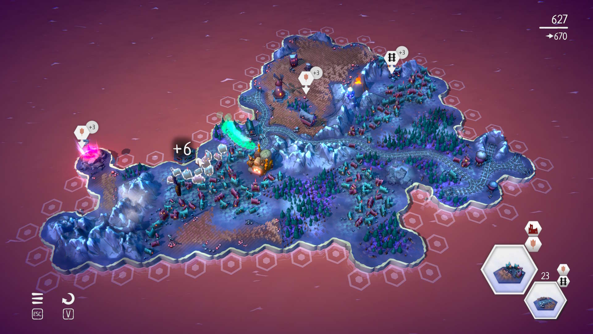 A hex-tile island with forests, mountains, railway tracks and objective markers; the interface shows 23 tiles.