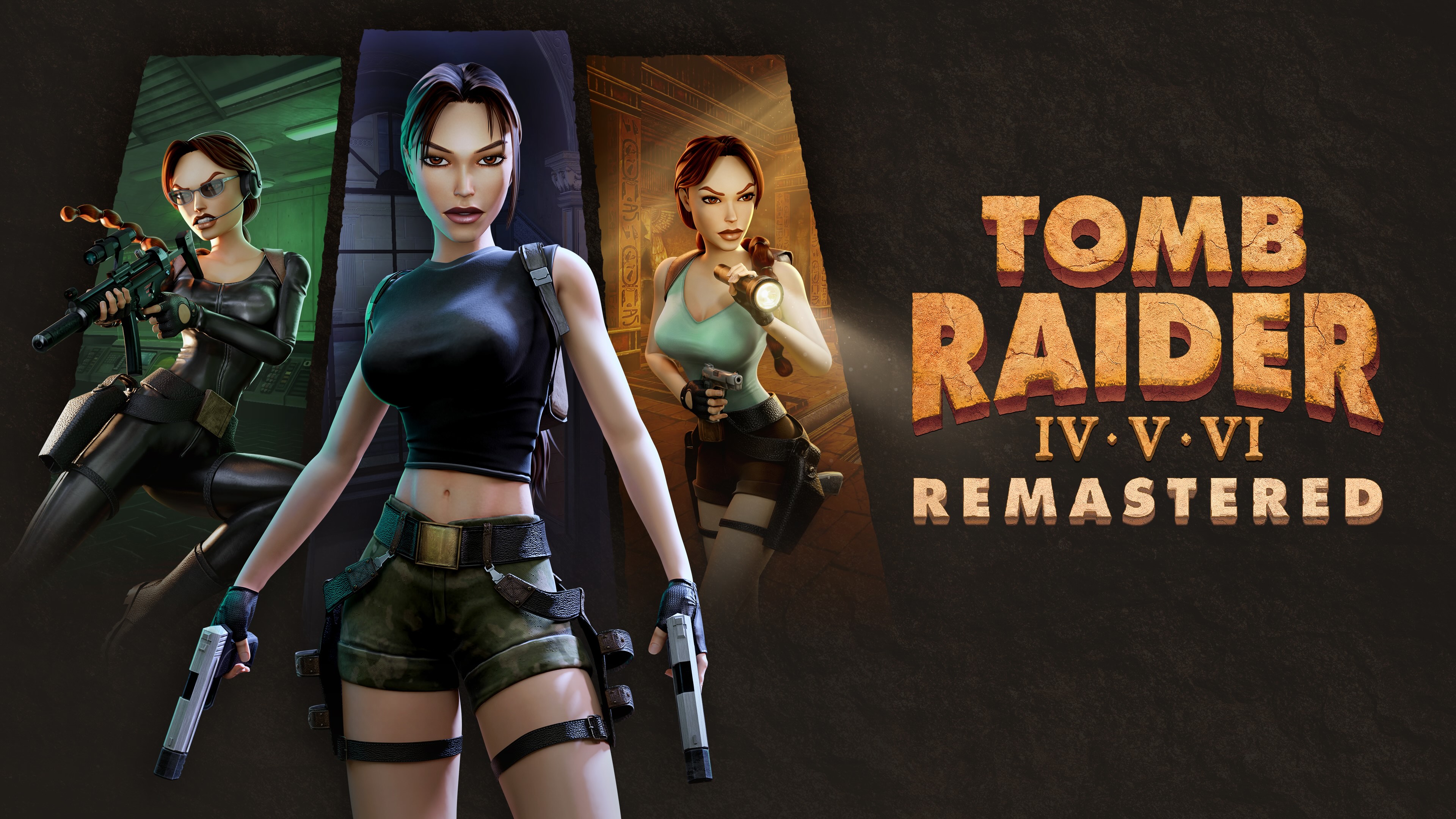 Three depictions of Lara Croft beside the Tomb Raider IV V VI Remastered title.