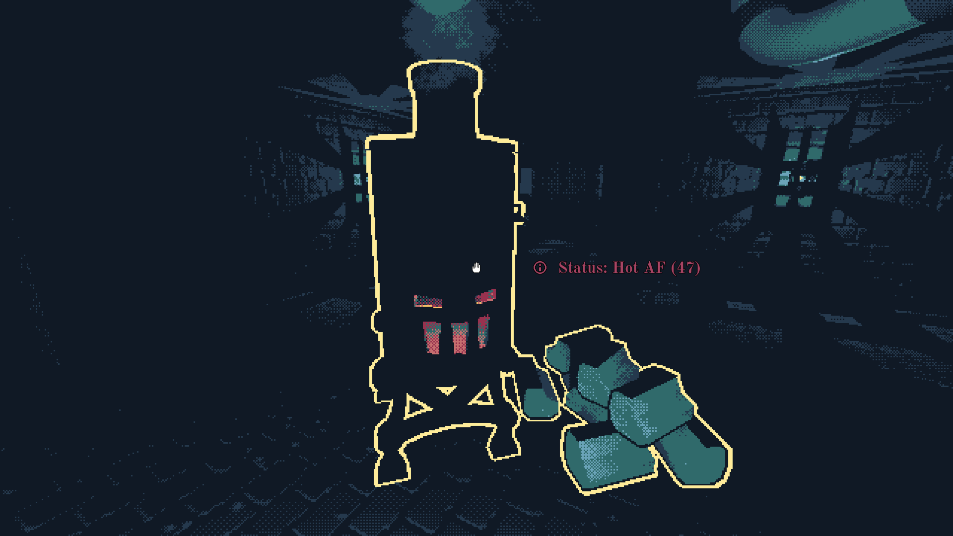 A yellow-outlined handheld tool and its status prompt against The Mailroom's dark, pixelated workplace.