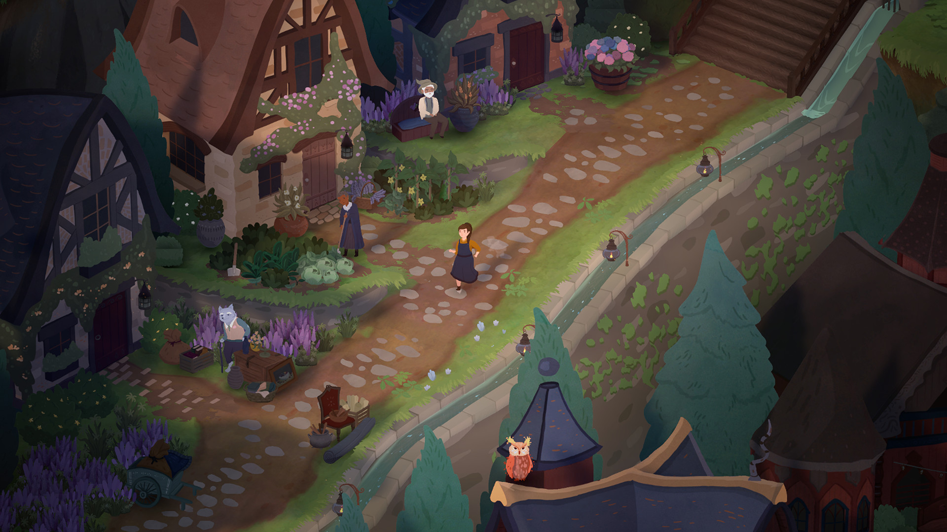 Characters and stalls line a flower-filled town street in Songs of Glimmerwick.