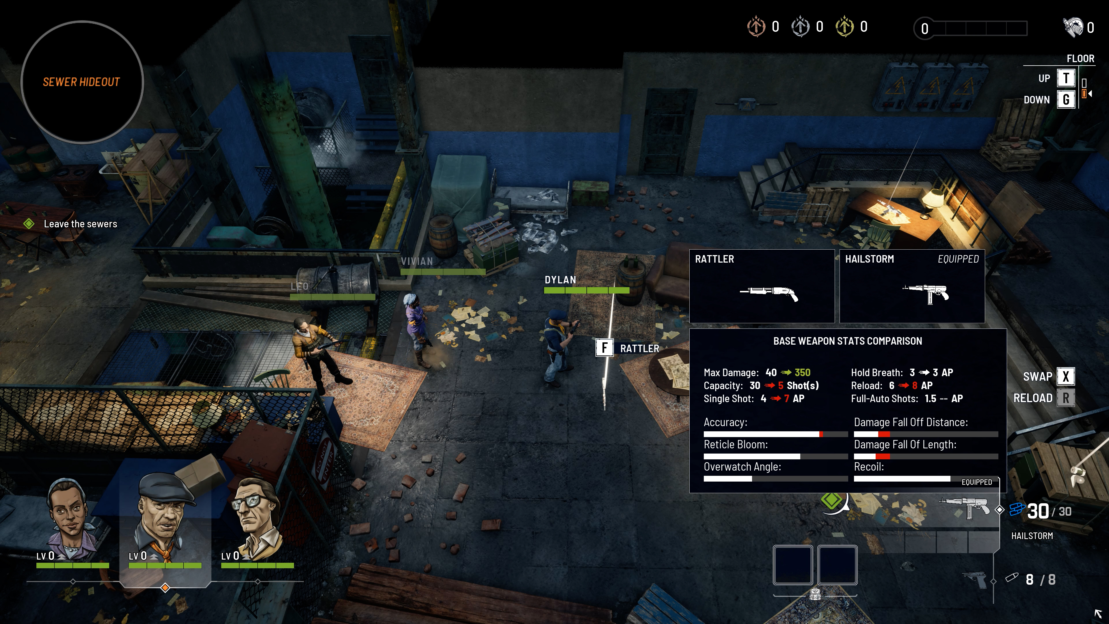 A weapon comparison panel contrasts Rattler and Hailstorm while the three characters stand in a hideout.